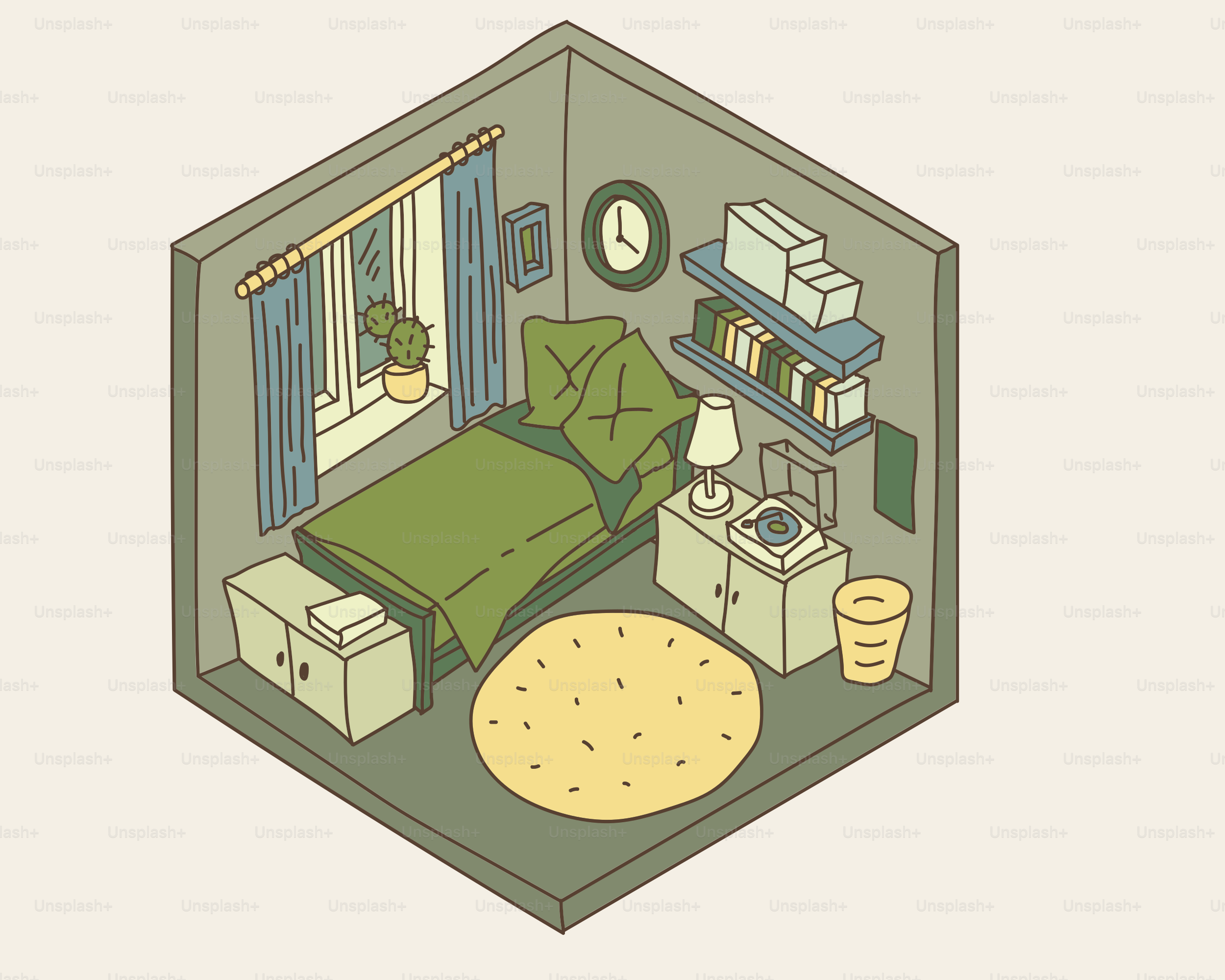 Gemütliches Schlafzimmerinterieur mit Bett, Schreibtisch und Fenster.