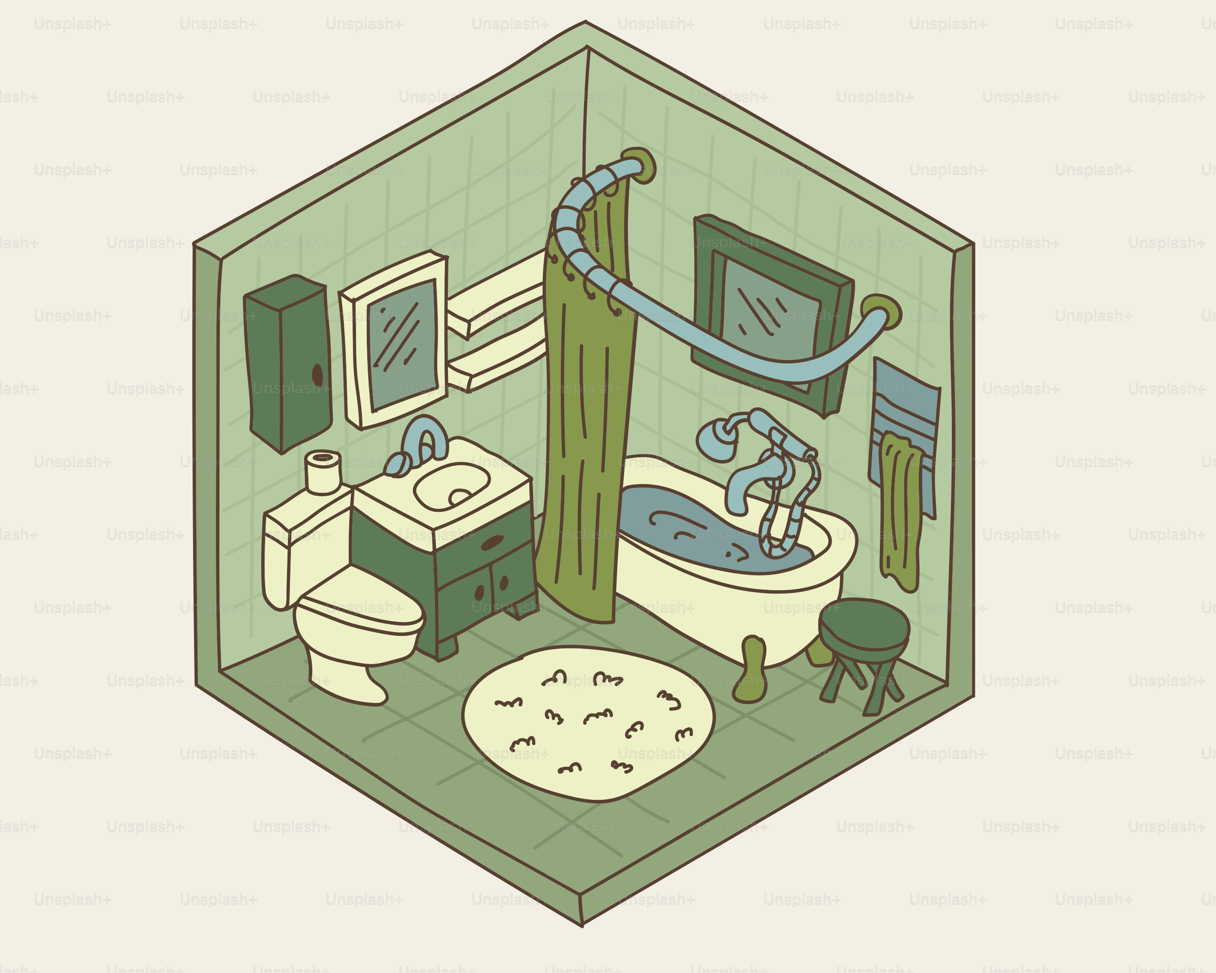 Ein Cartoon-Badezimmer mit einer Figur in der Badewanne