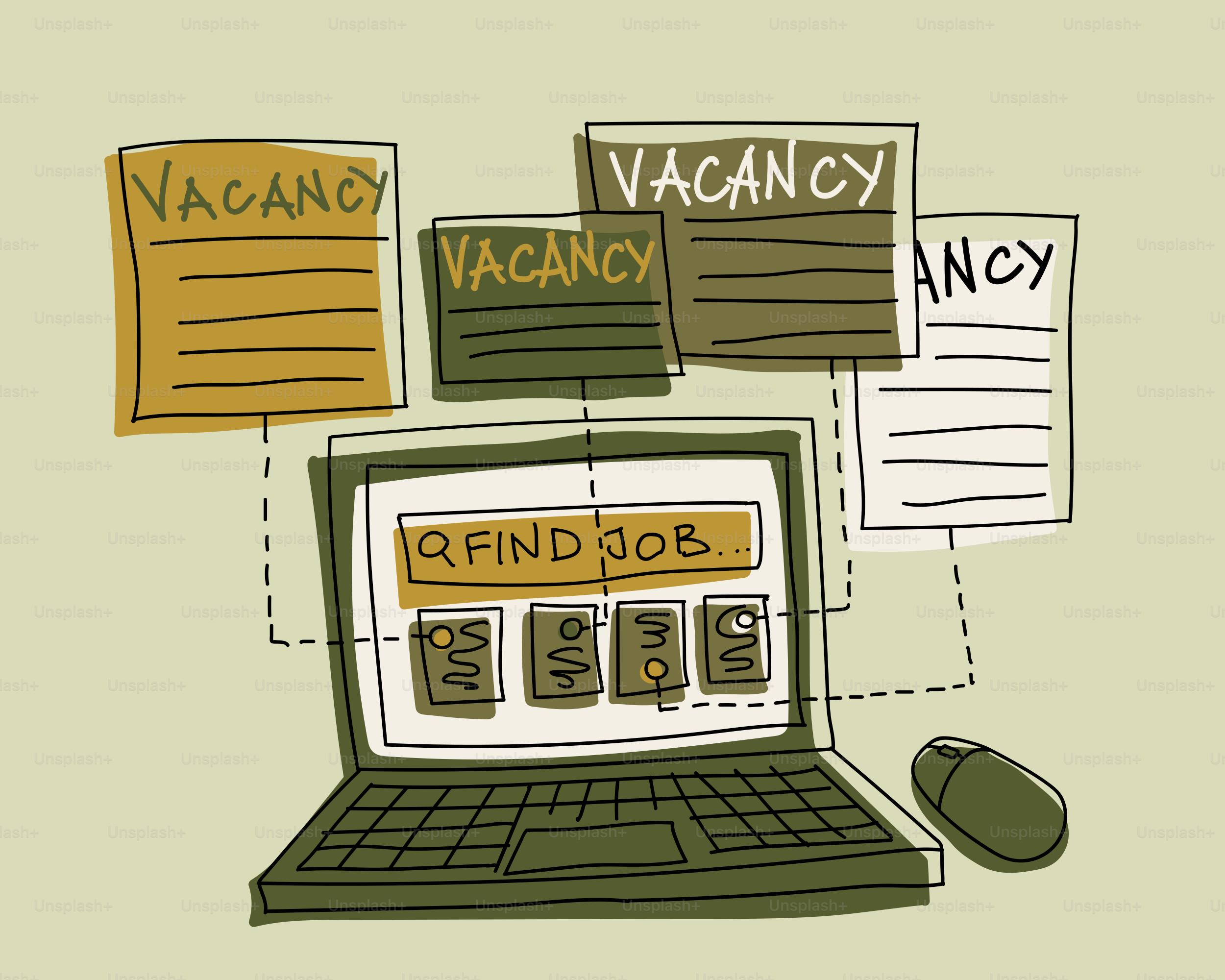 Laptop zeigt Jobsuche mit Stellenanzeigen an