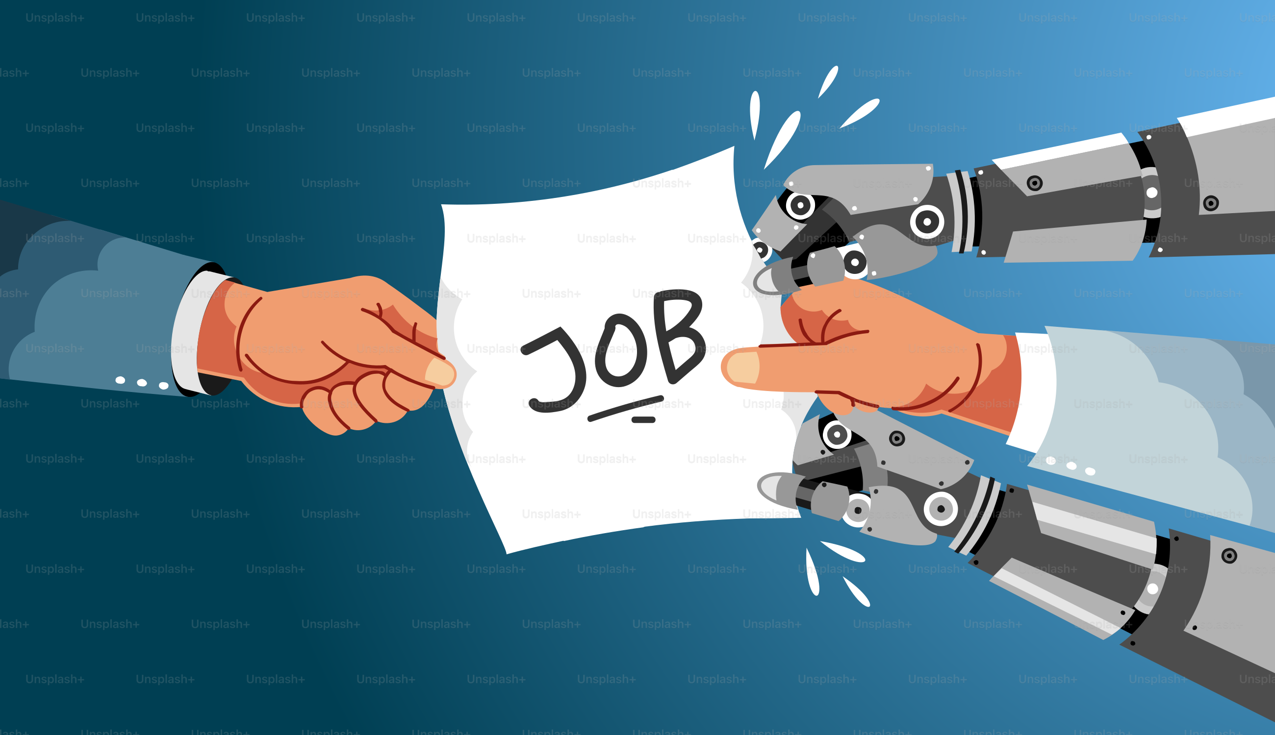 Robotic hands tear a job application from a human hand.