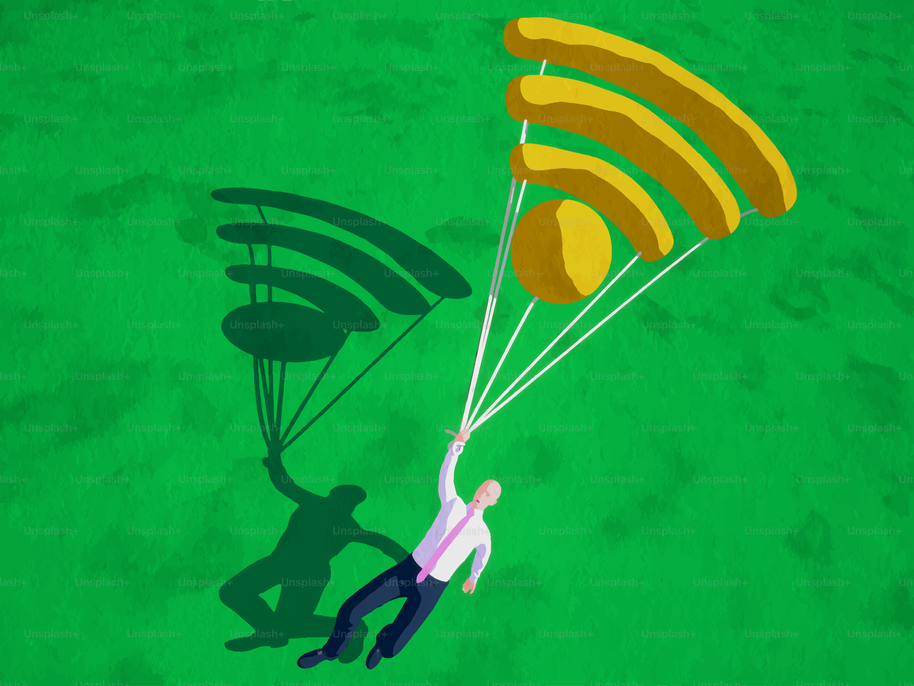 Homme parachutant avec un symbole wifi sur fond vert
