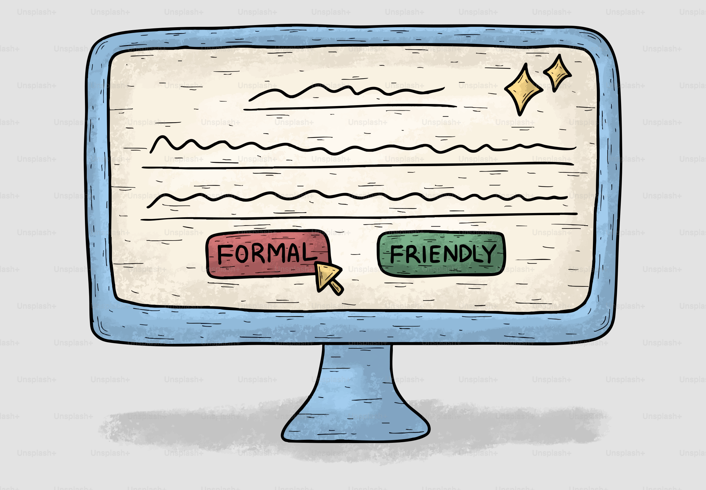 Pantalla de ordenador con botones formales y amigables.