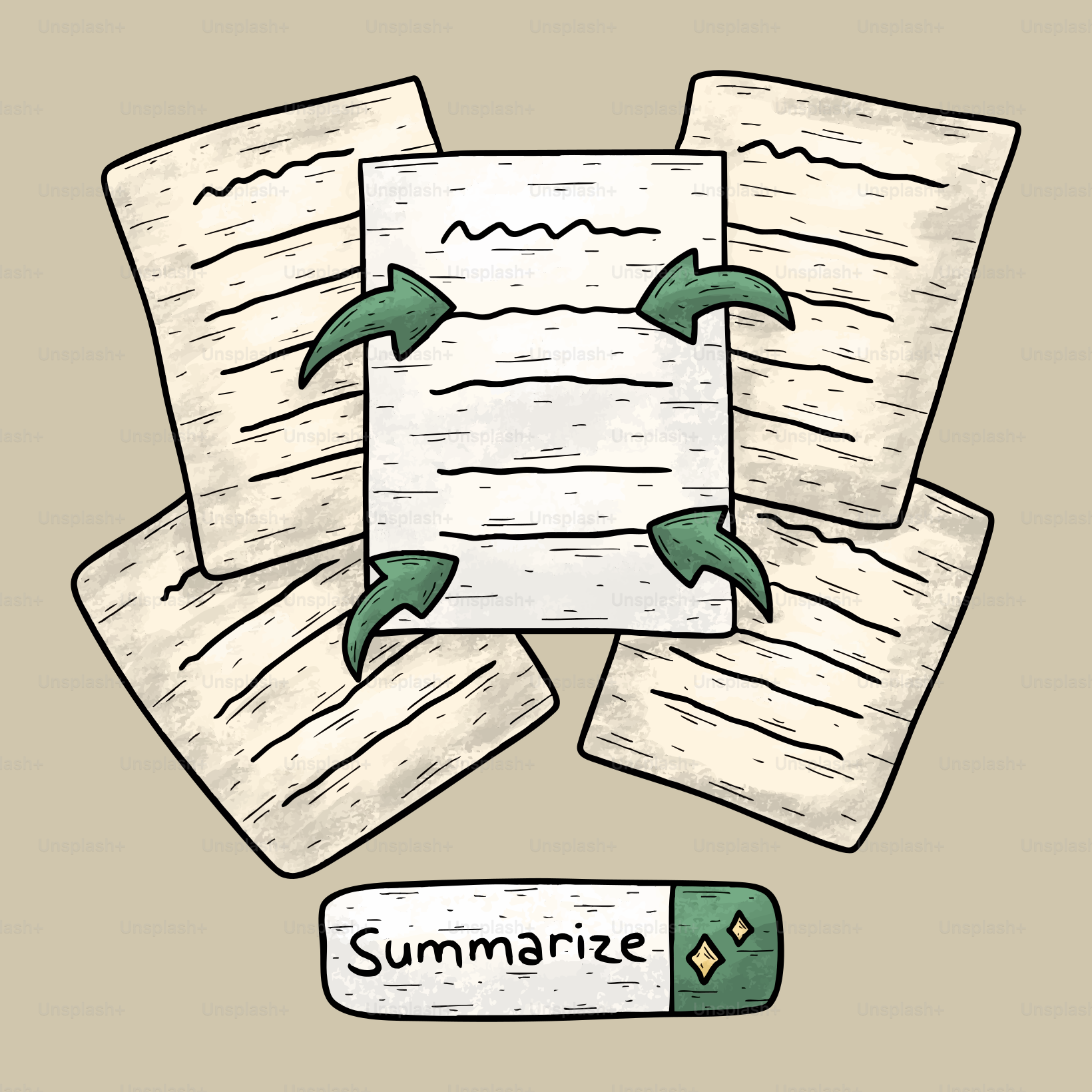 Papeles con flechas que apuntan al documento central y al botón