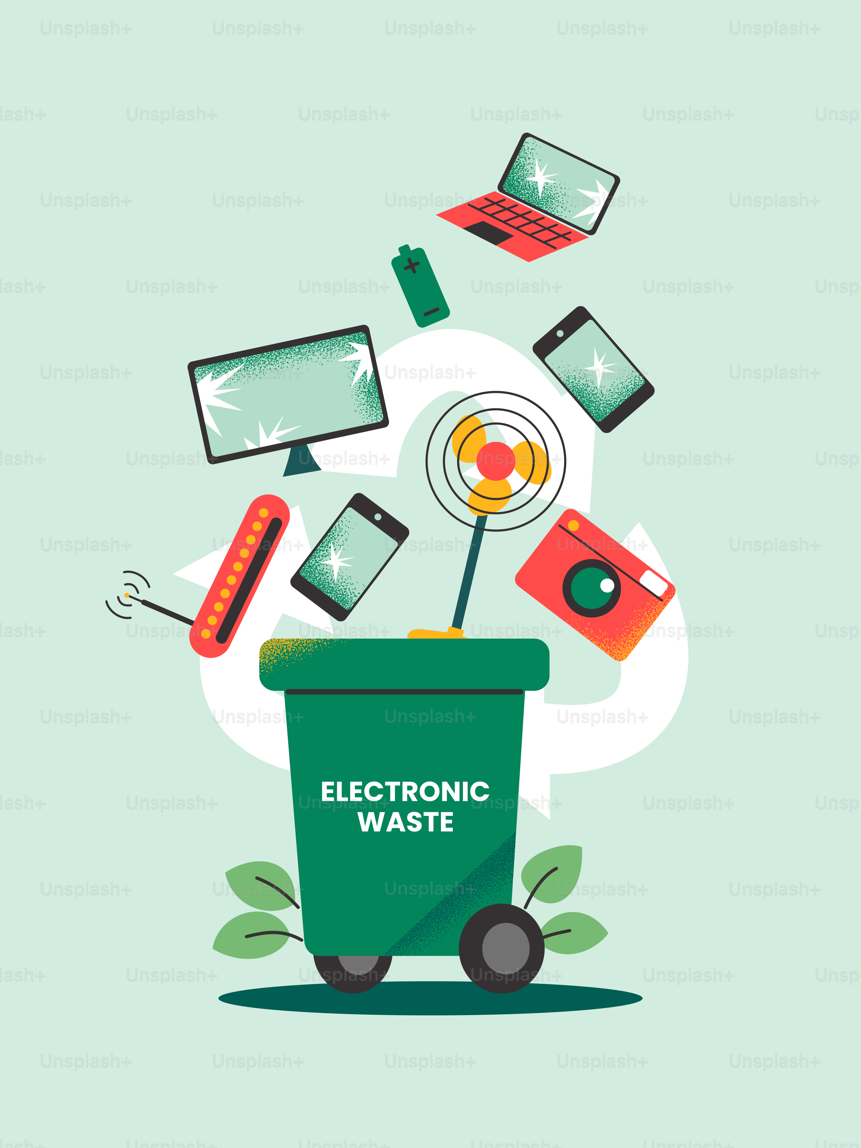 Rifiuti elettronici smaltiti in un bidone verde.