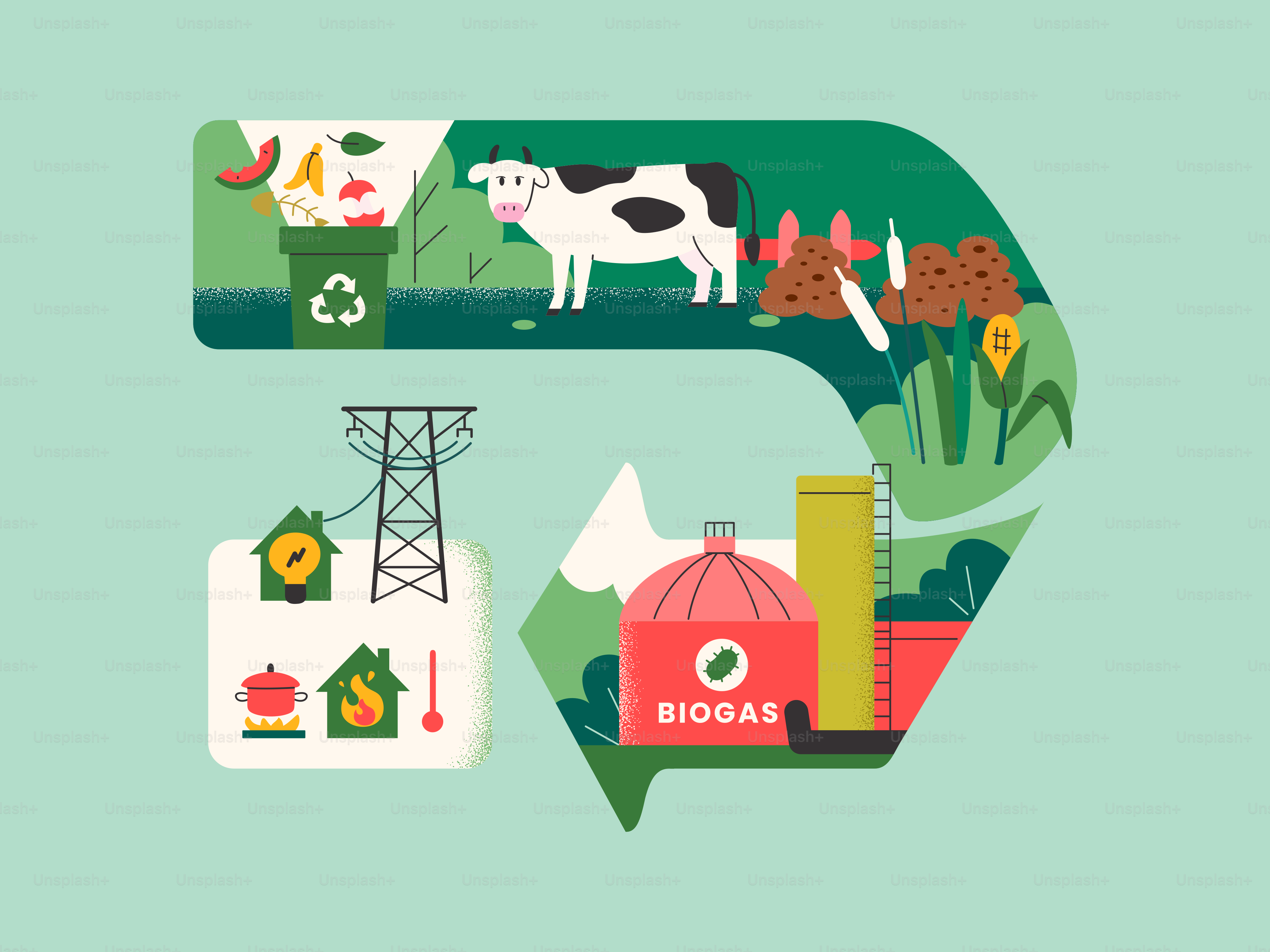 Produksi biogas dari limbah pertanian menjadi energi.