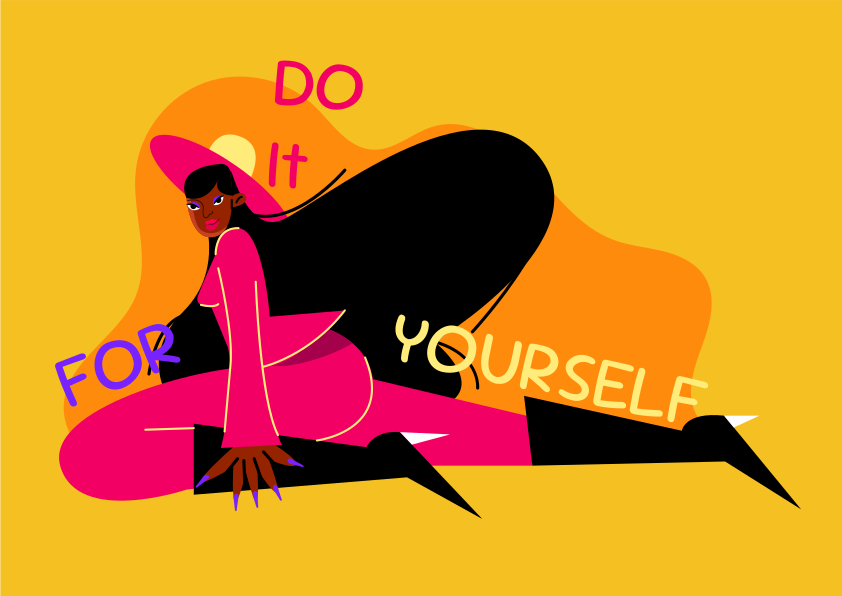 Femme en rose se sépare avec un texto « fais-le pour toi-même »