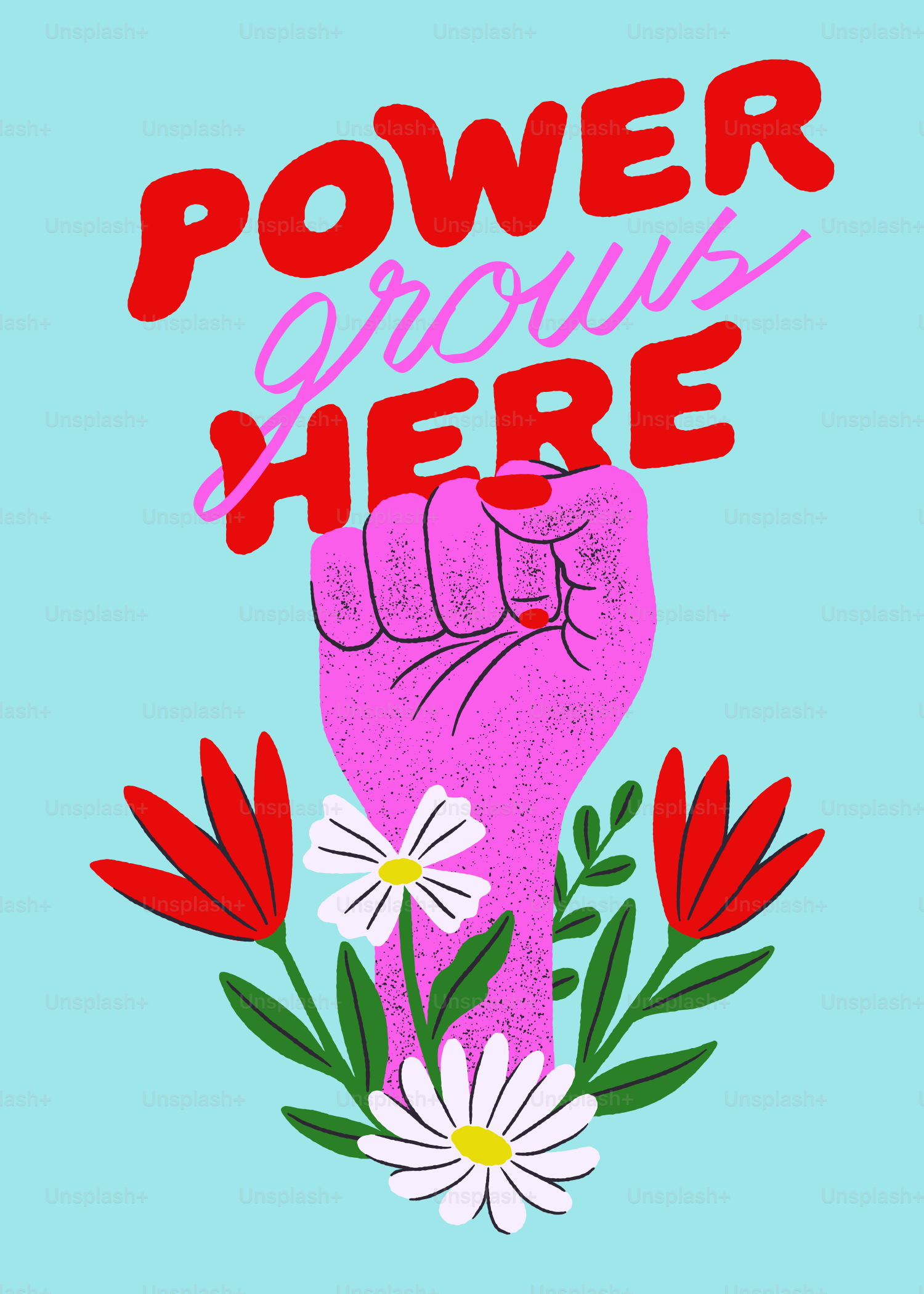 Pink fist with flowers and text "power grows here"