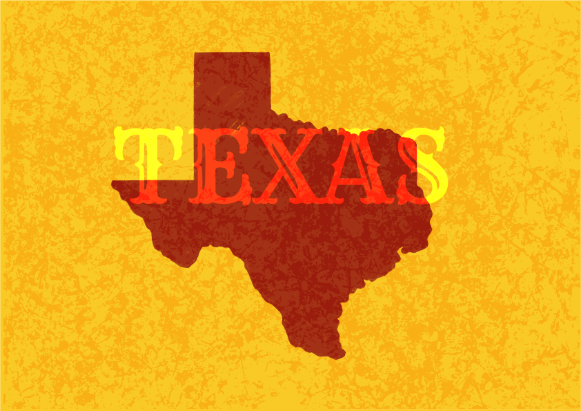 Outline of texas with the word texas superimposed.