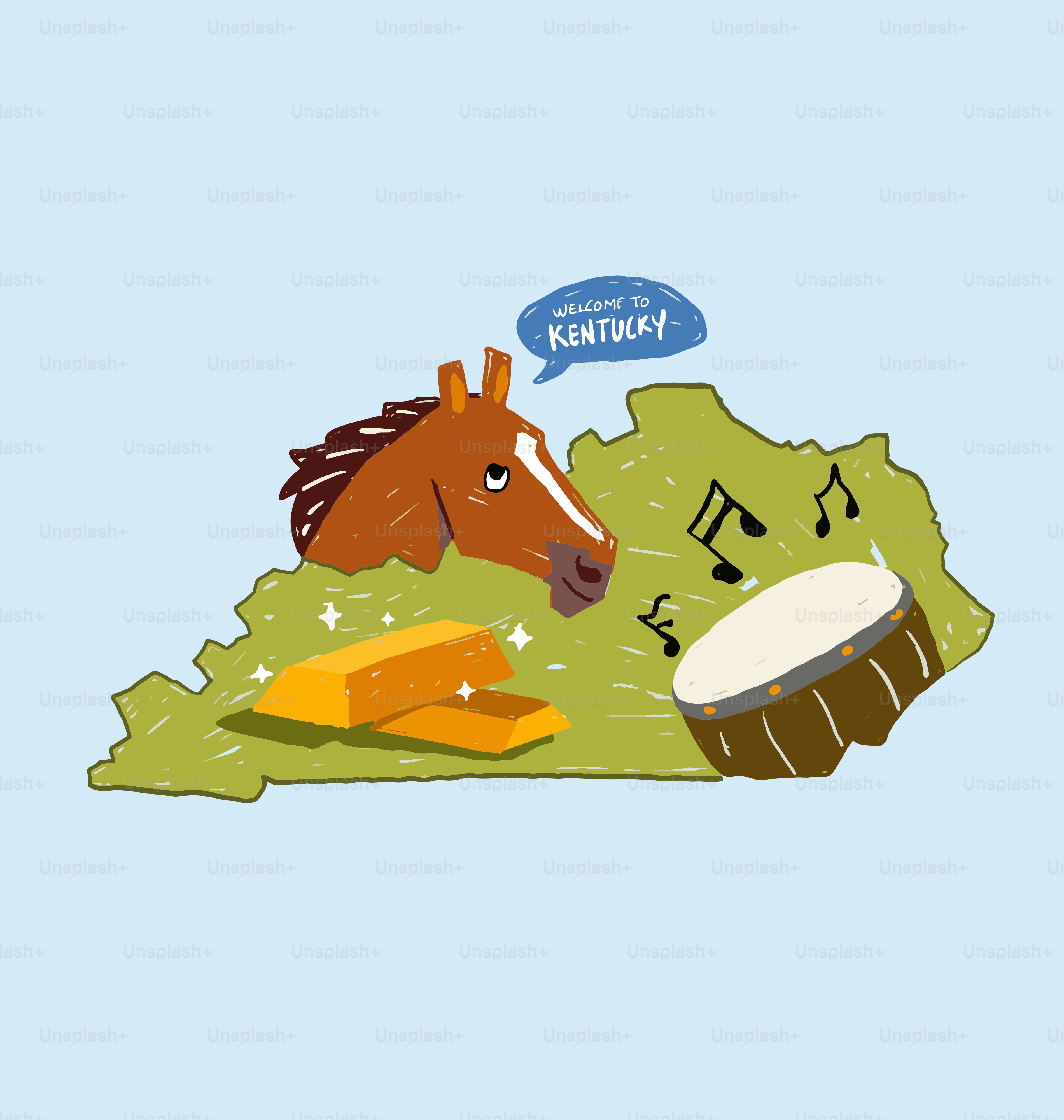 Carte du Kentucky avec cheval, or et tambour