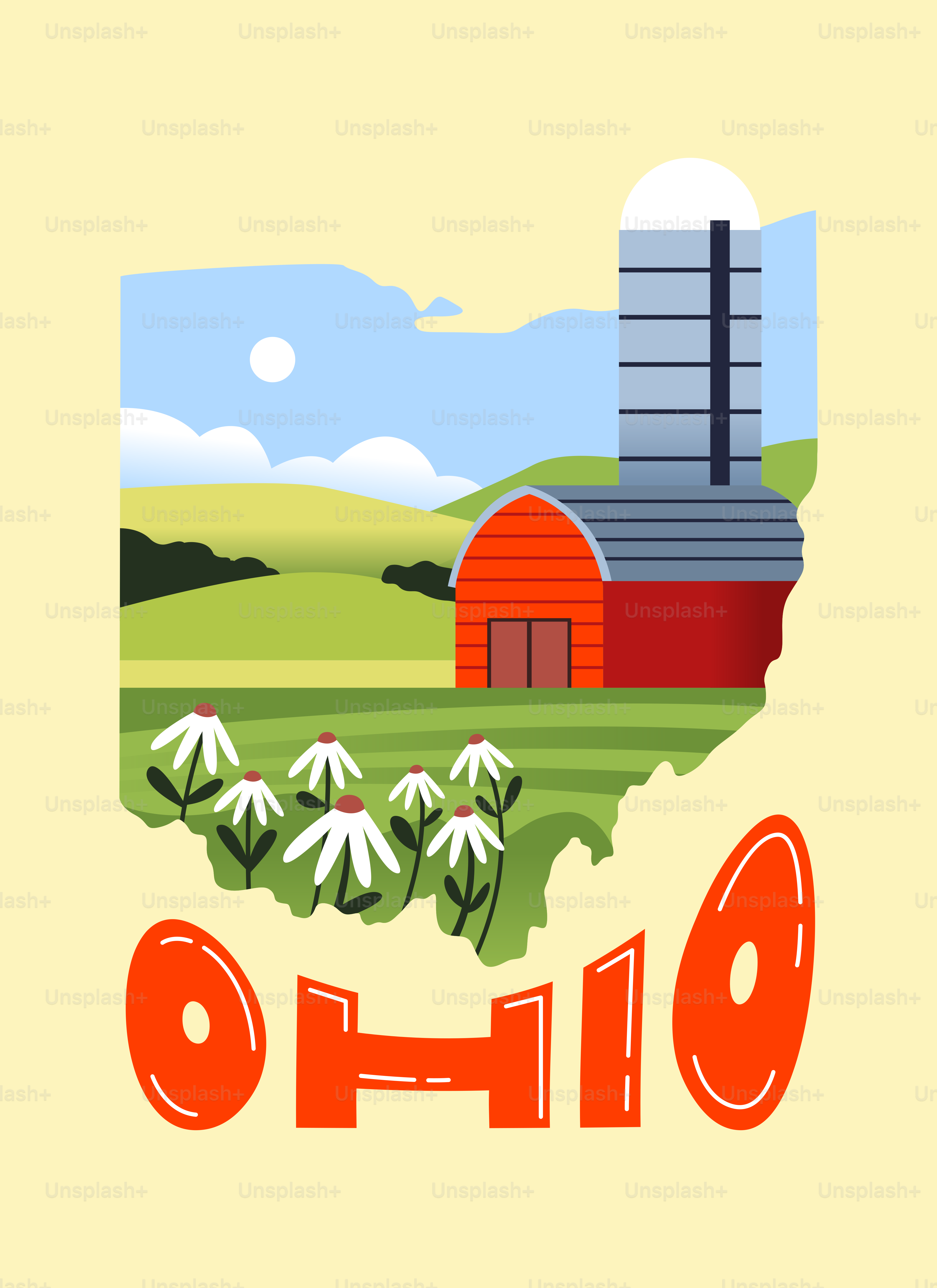 Ohio map with barn, silo, and flowers