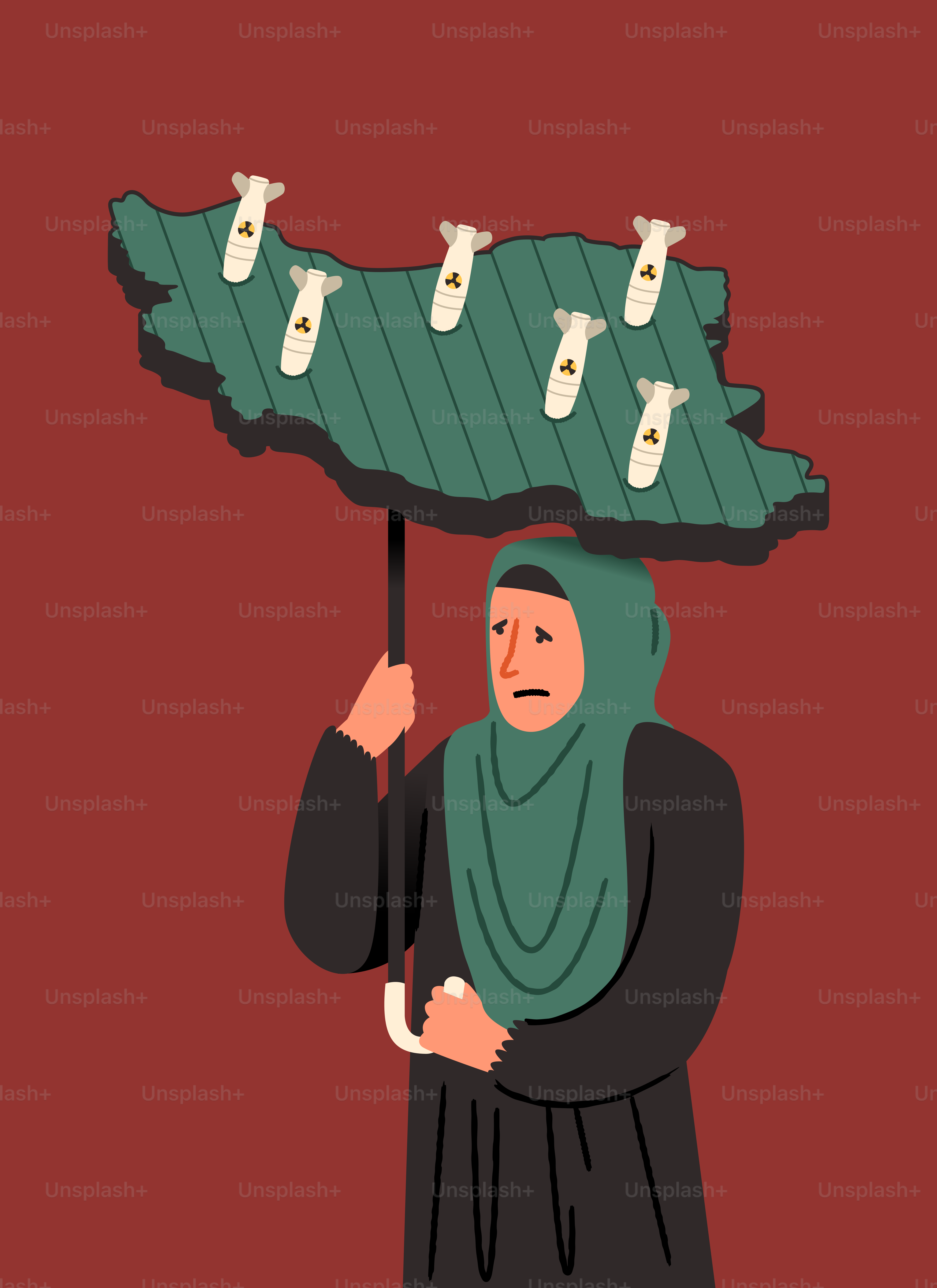Woman holding umbrella shaped like iran with bombs.