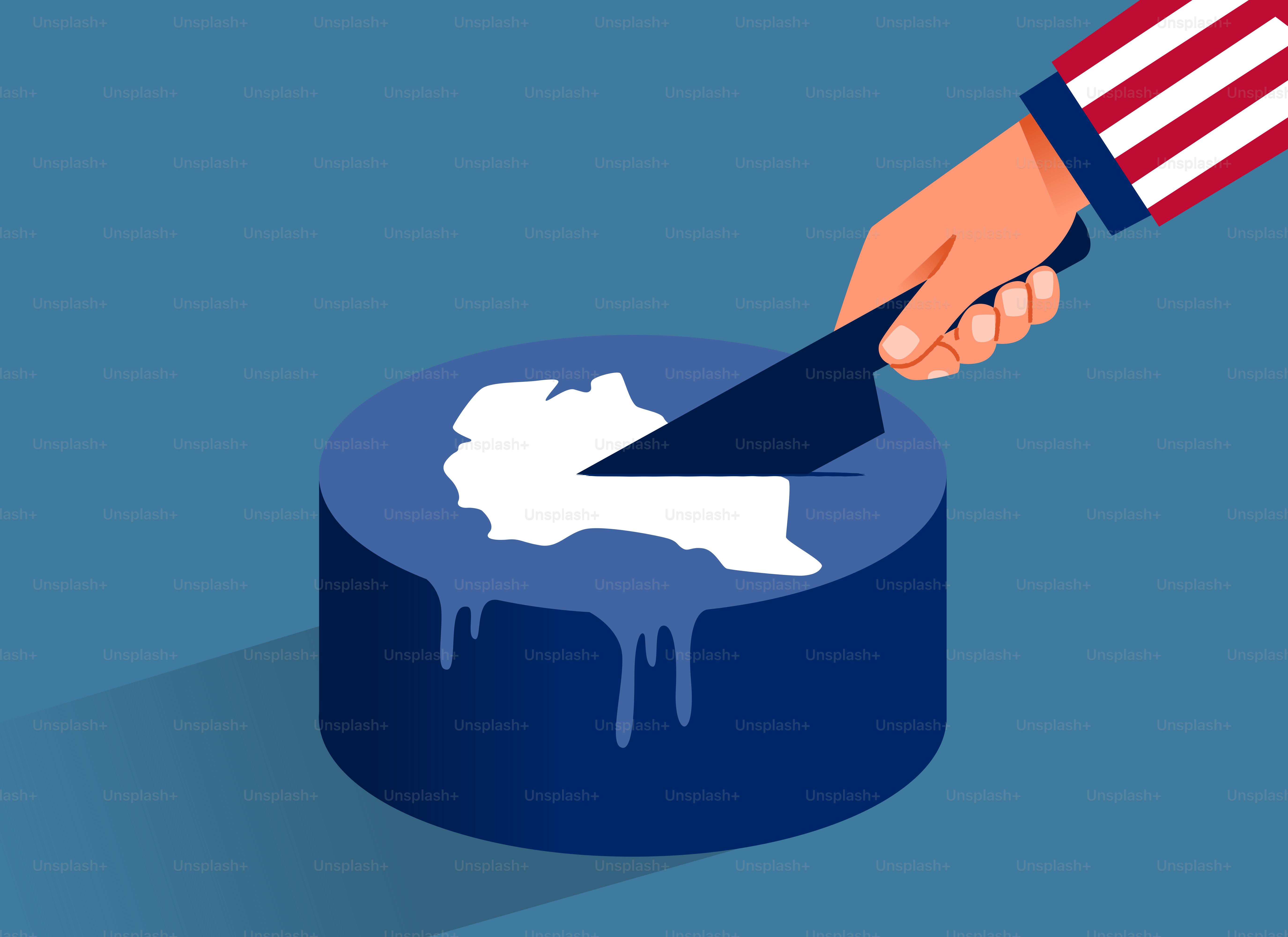 Hand cutting a map of america from a blue cylinder.