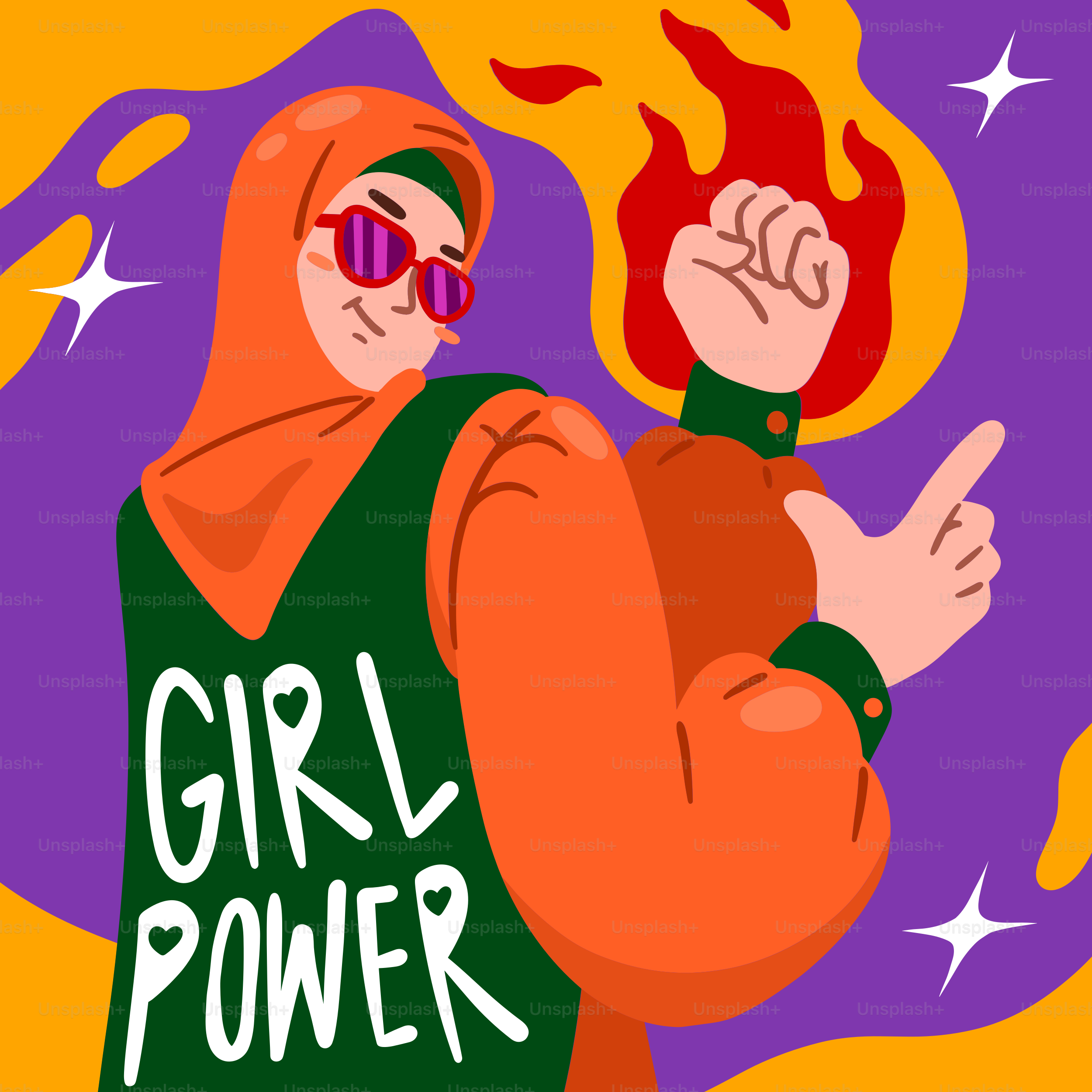 Frau mit Hijab mit "Girl Power"-Text und feuriger Herkunft