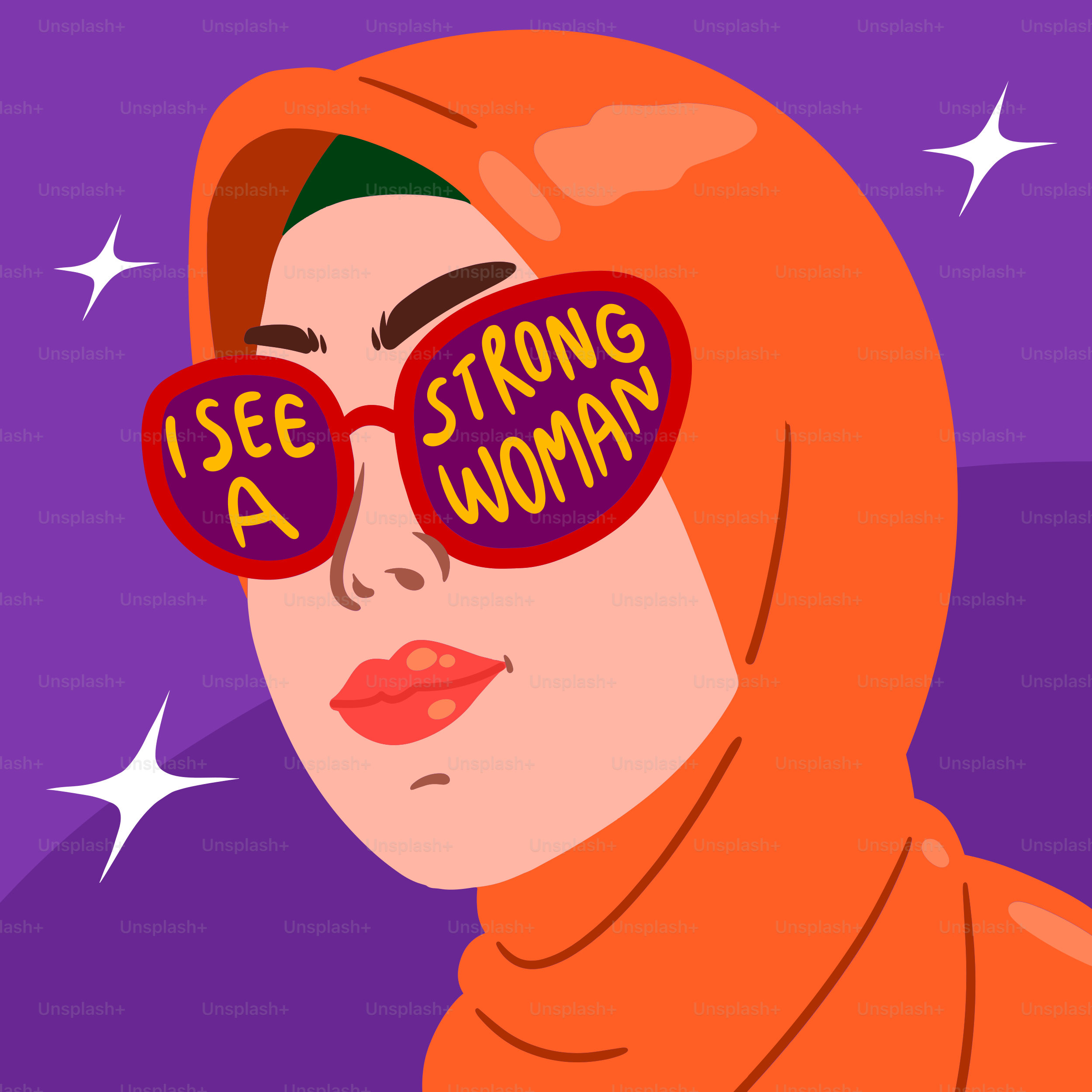 Wanita berjilbab oranye memakai kacamata hitam dengan teks.