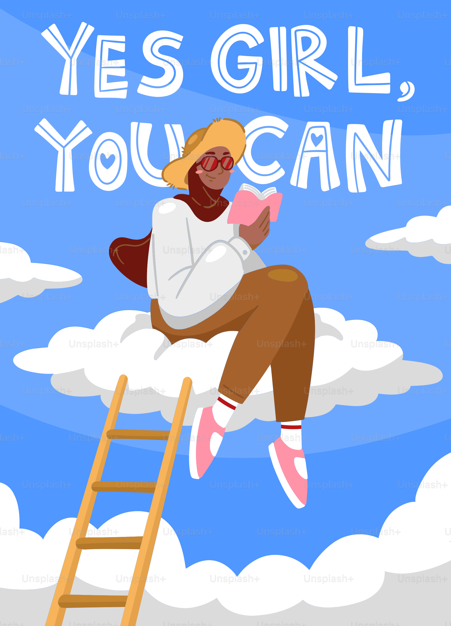 Woman in hijab reading on cloud with ladder