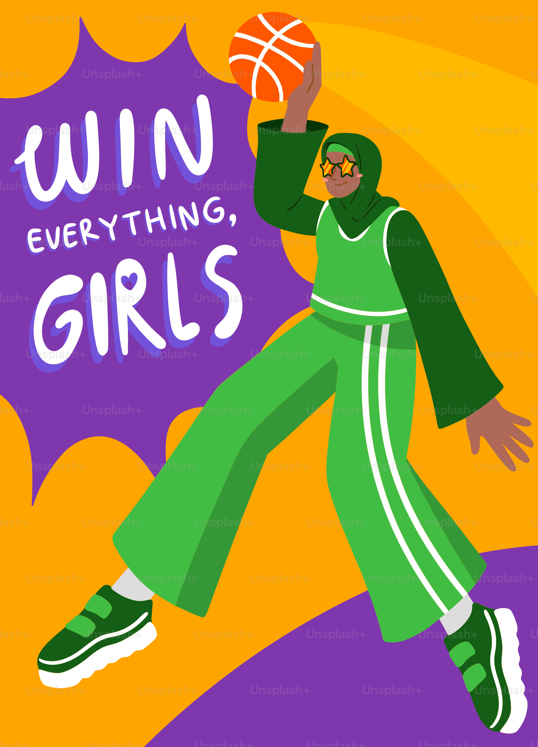 Frau mit Hijab spielt Basketball mit der Nachricht 'Alles gewinnen, Mädchen'.