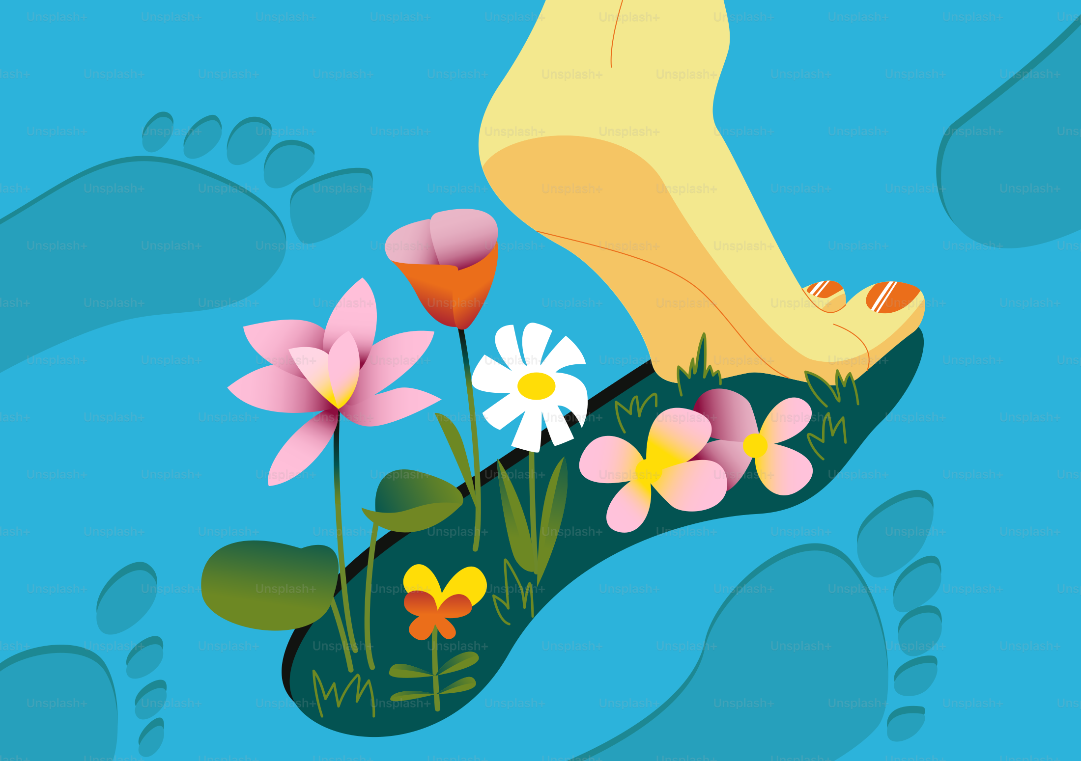 Footprint with flowers and grass on blue background