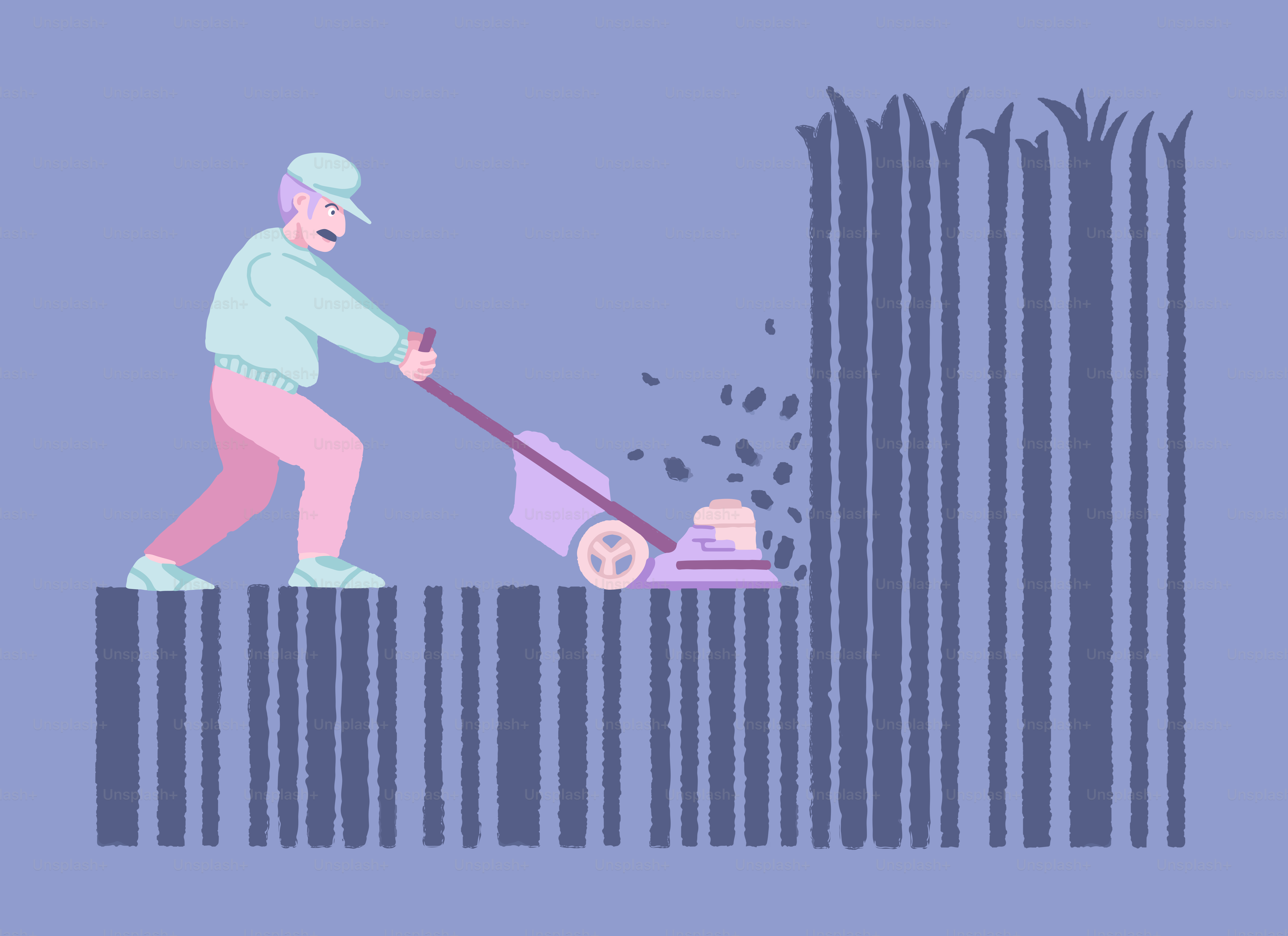 Ein Mann, der einen Barcode wie Gras auf einem Rasen mäht.