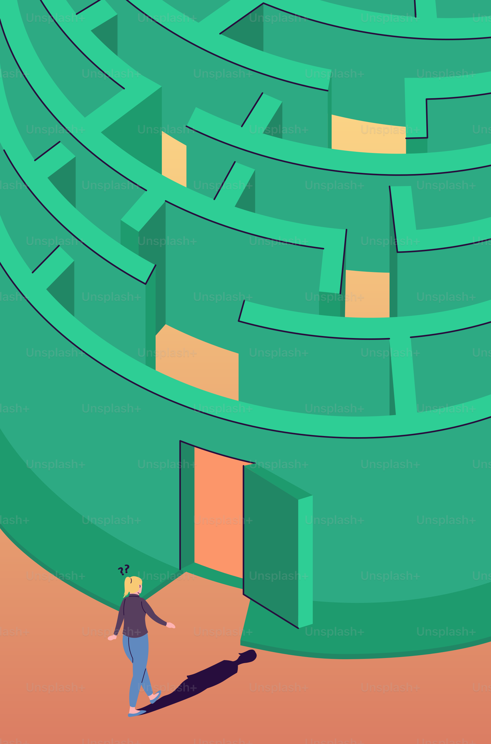 女性が開いた扉のある緑の迷路に入る。