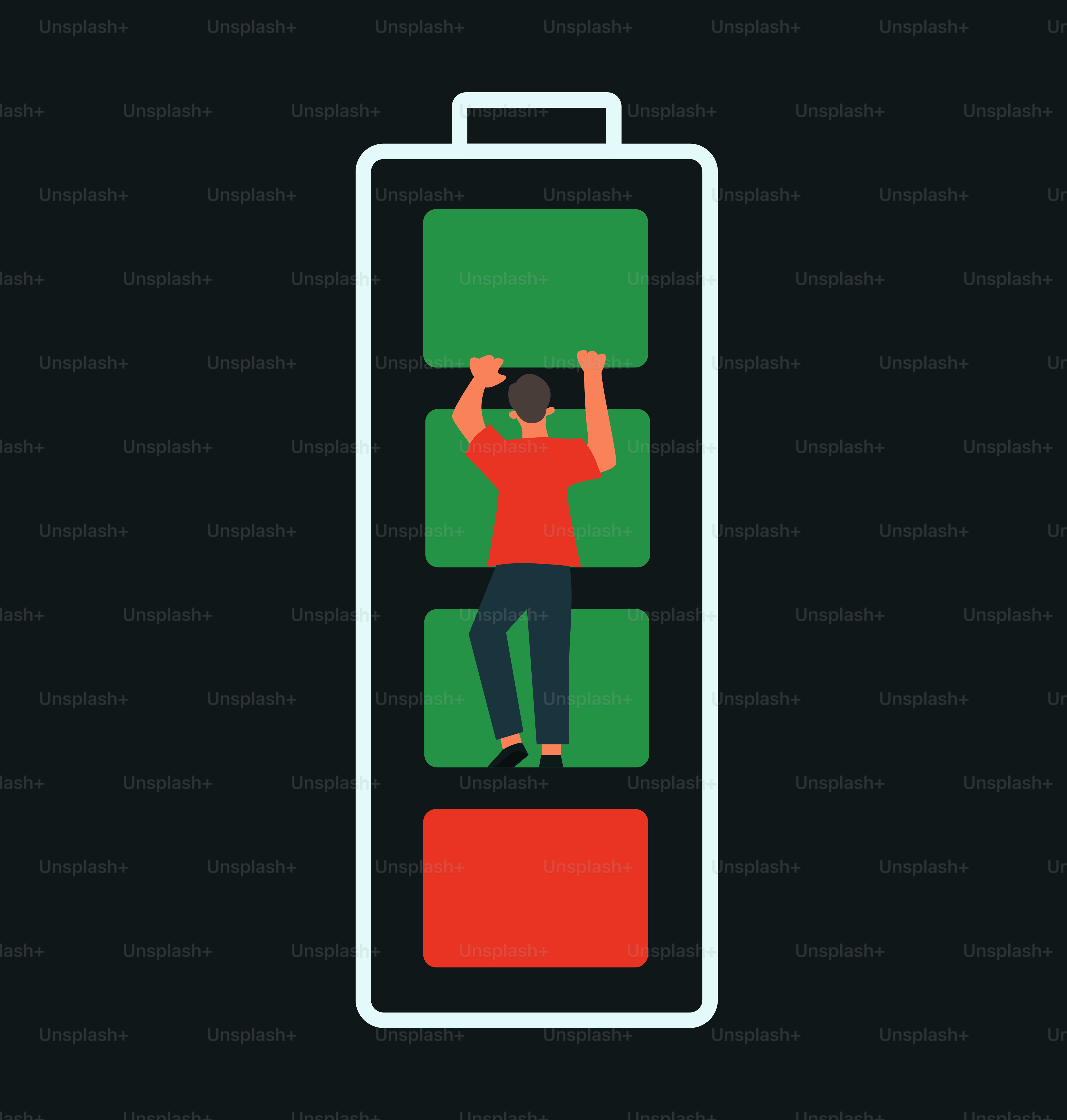 Un homme grimpant sur un indicateur de recharge de batterie