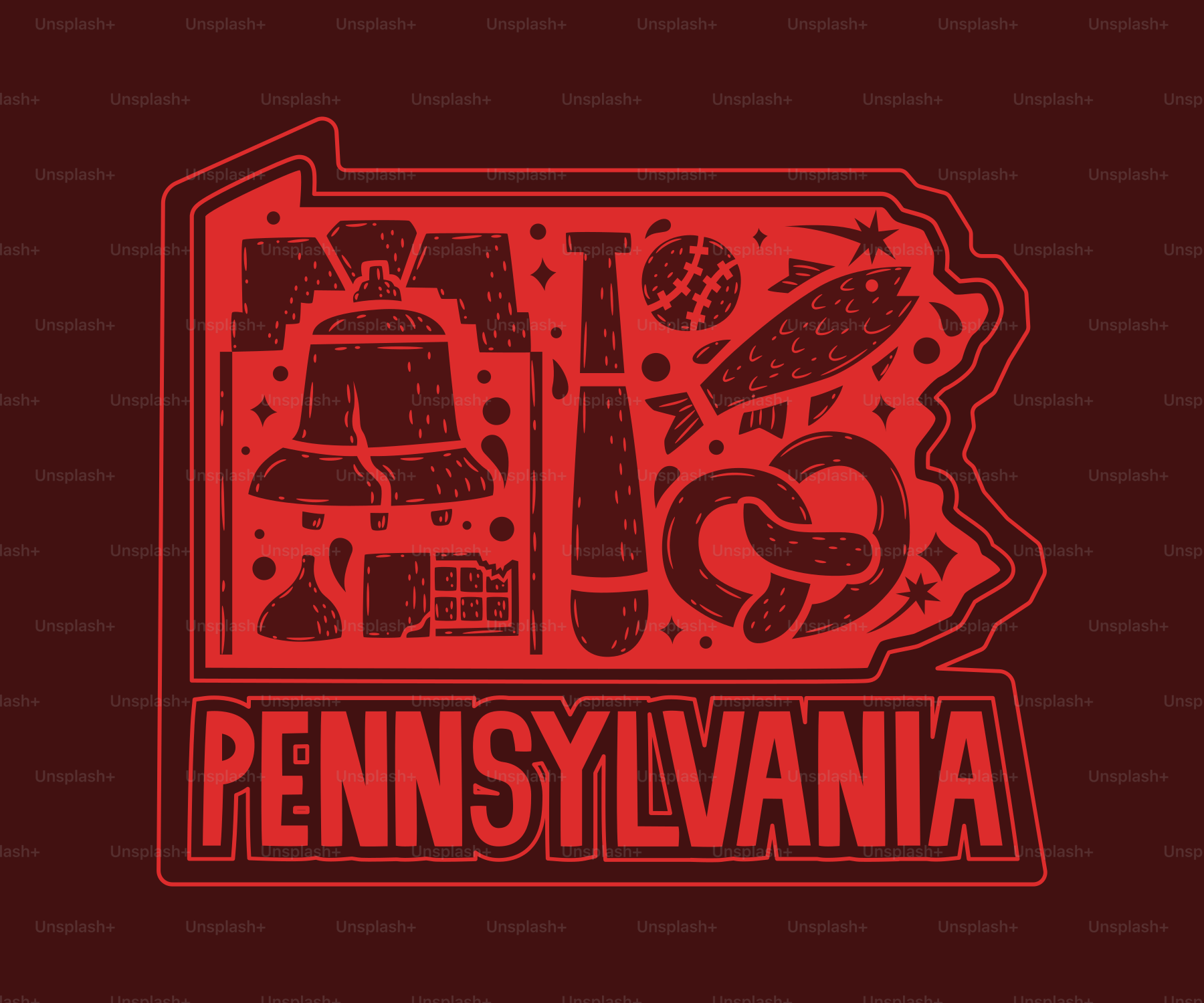 Umriss des Bundesstaates Pennsylvania mit ikonischen Symbolen und Texten.