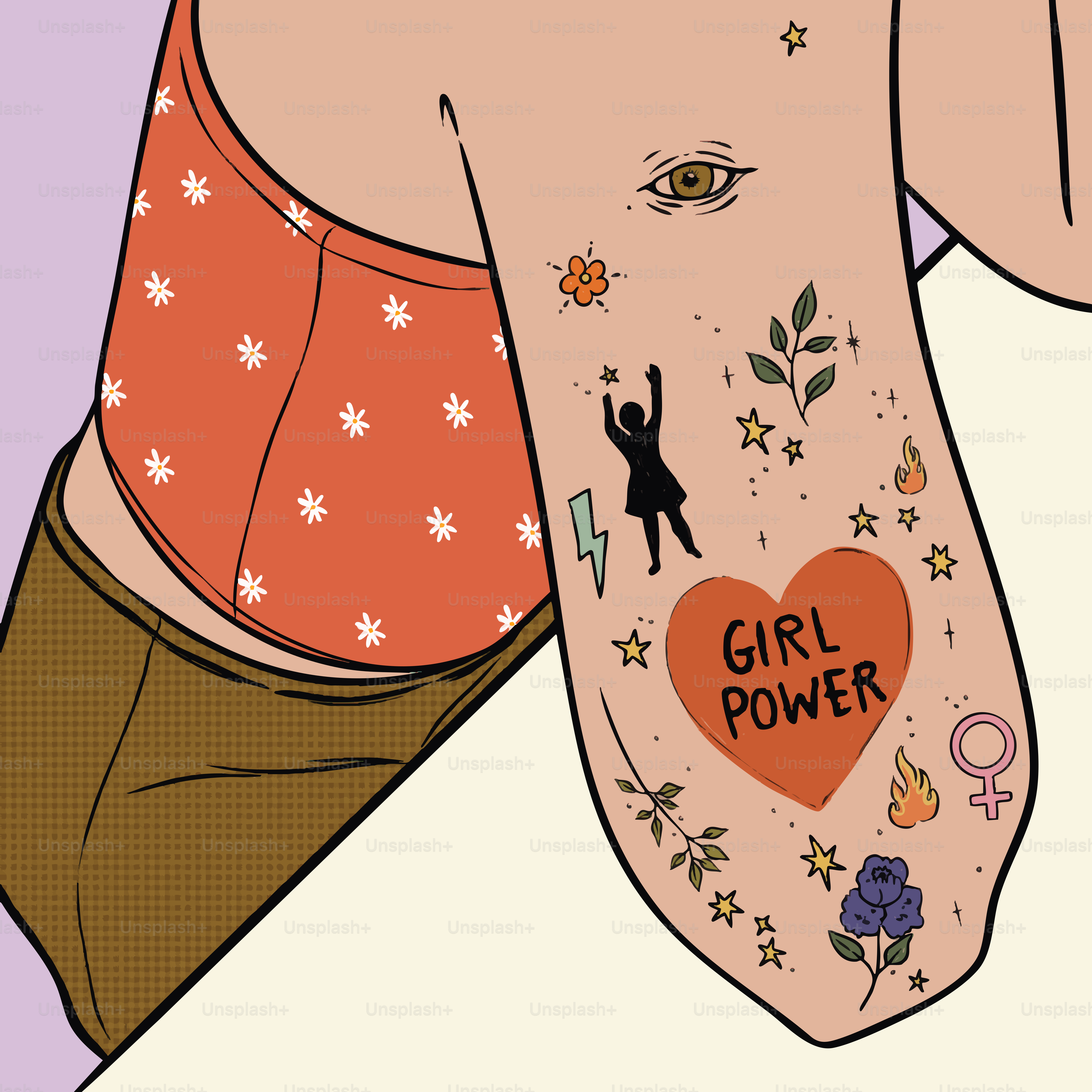 A woman's torso with "girl power" tattoo and feminist symbols.