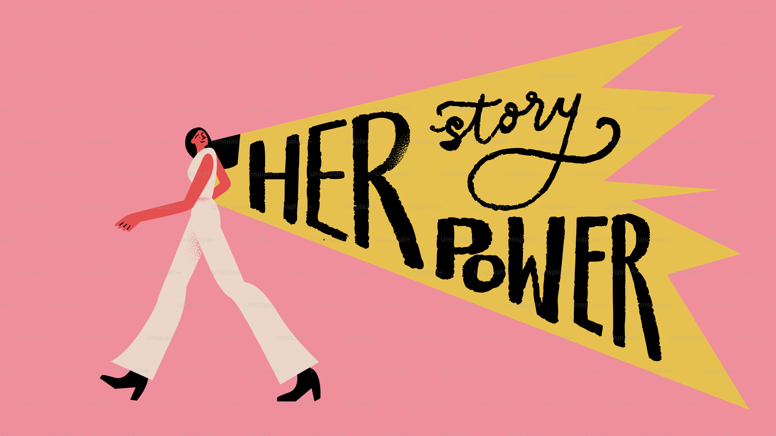 Woman walking with "her story power" text