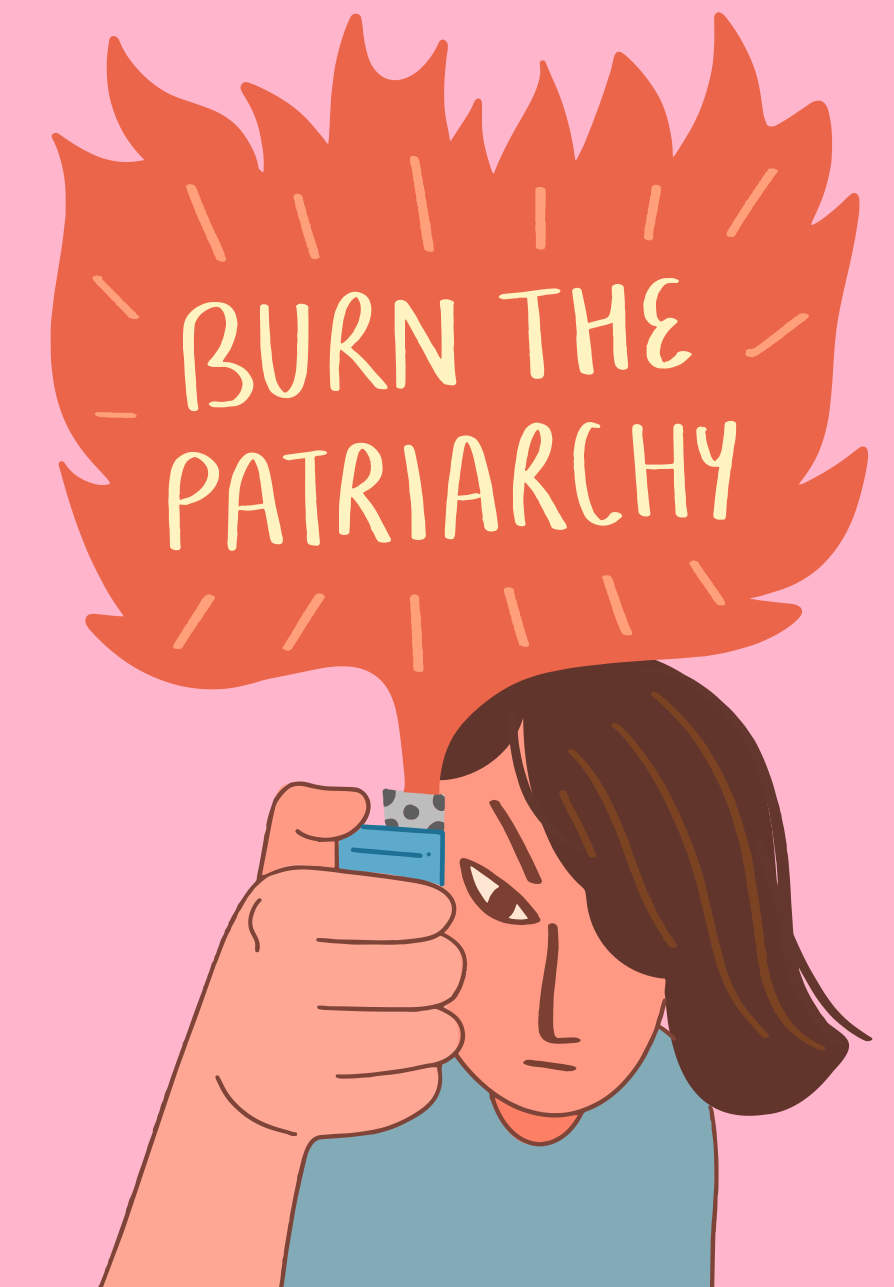 Wanita memegang korek api dengan teks "bakar patriarki".