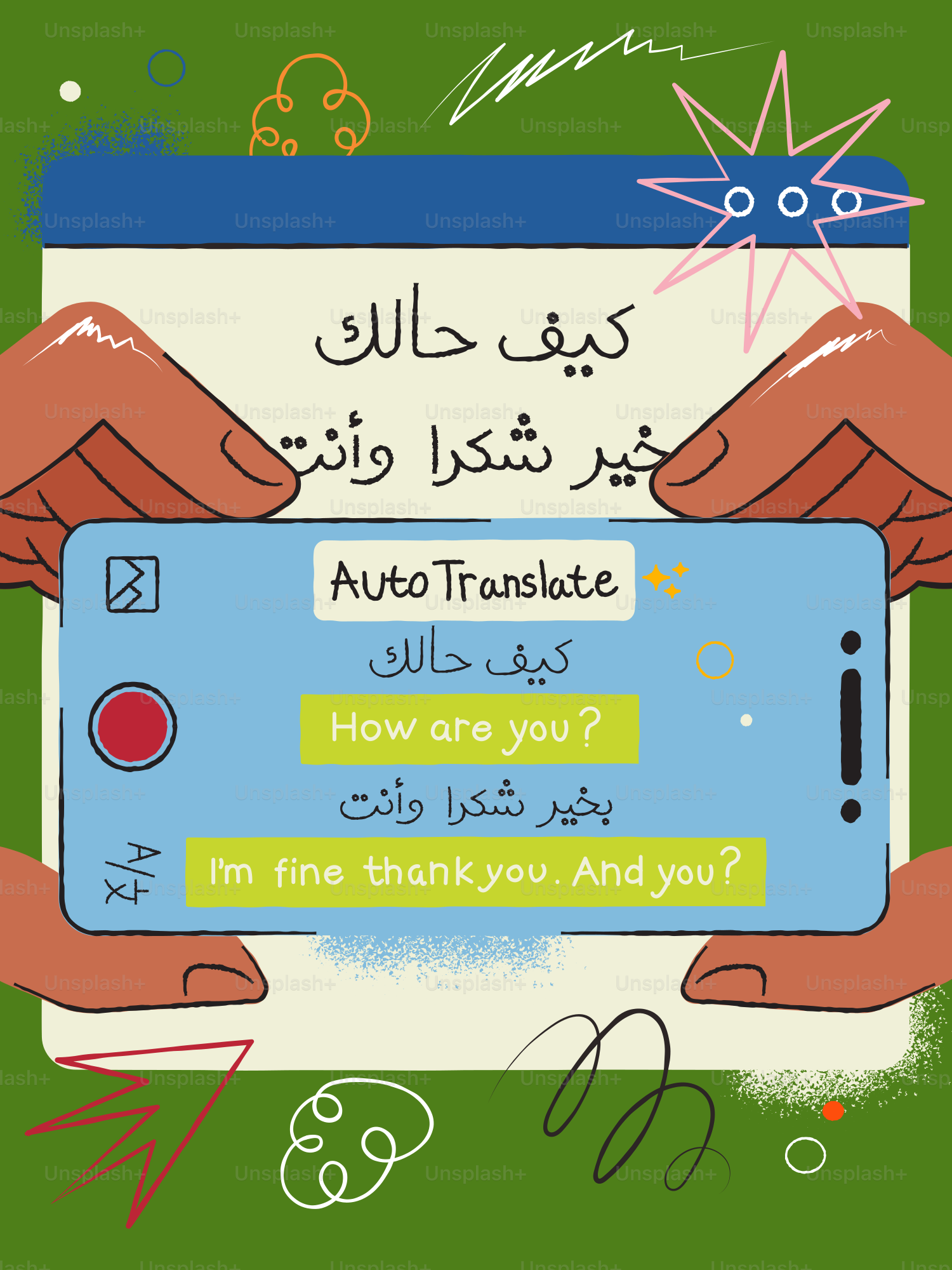 Der Bildschirm des Telefons zeigt eine Arabisch-Englisch-Übersetzung an.