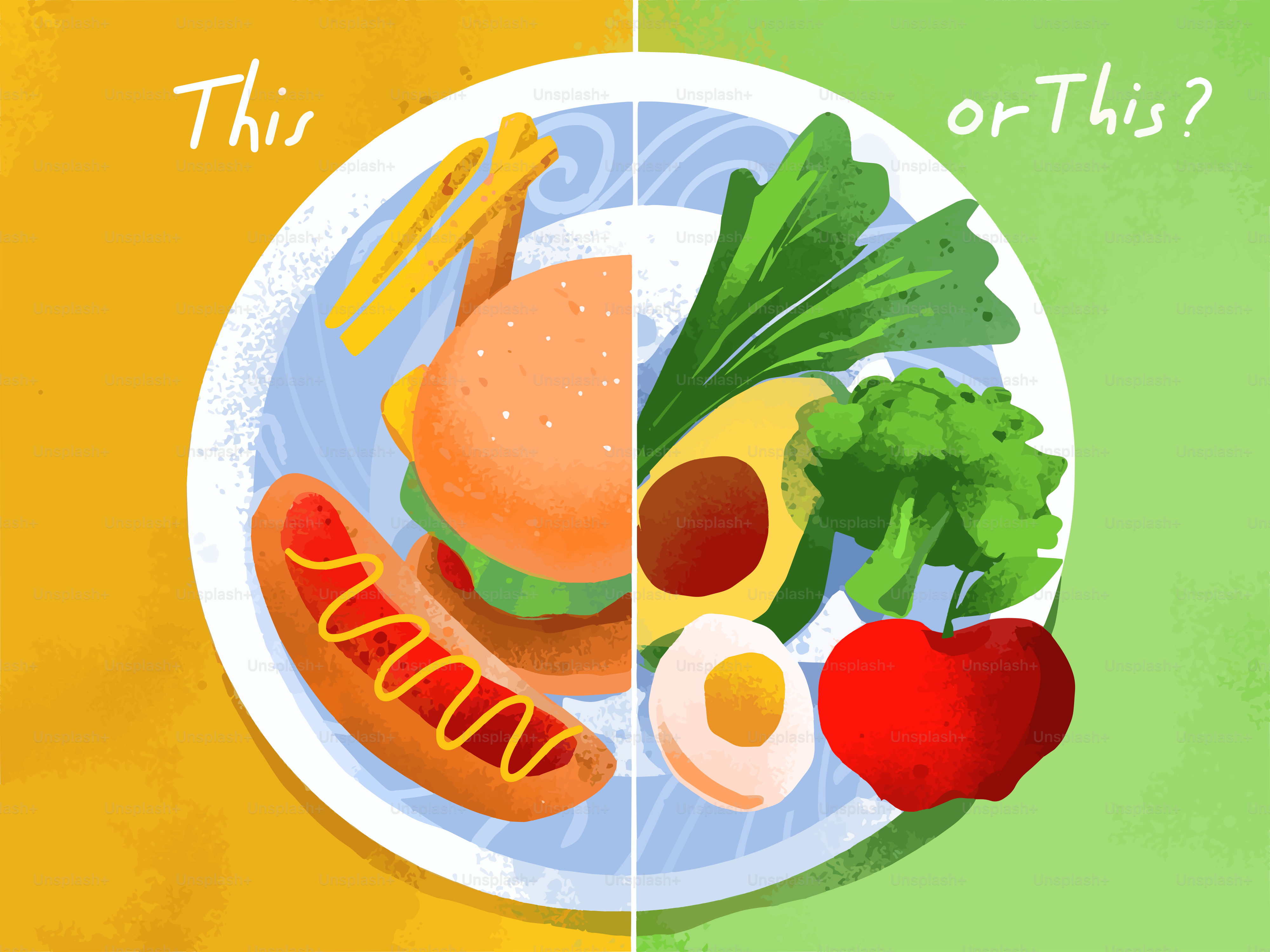 Opciones de comida poco saludable frente a saludable en un plato.