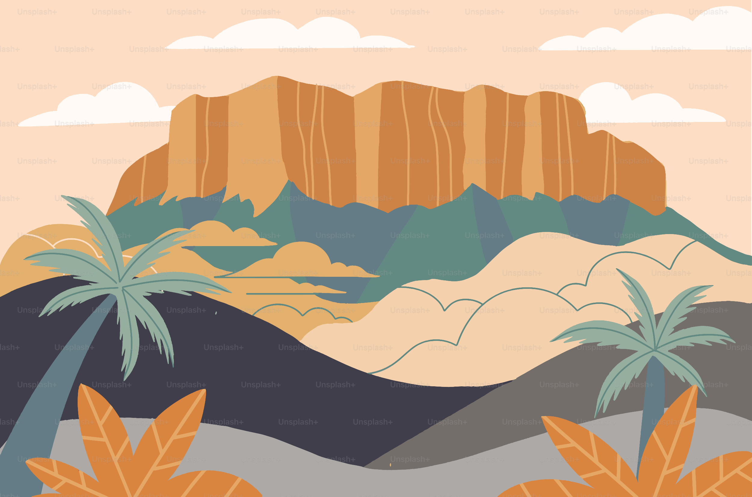 Stilisierte Wüstenlandschaft mit Bergen und Palmen