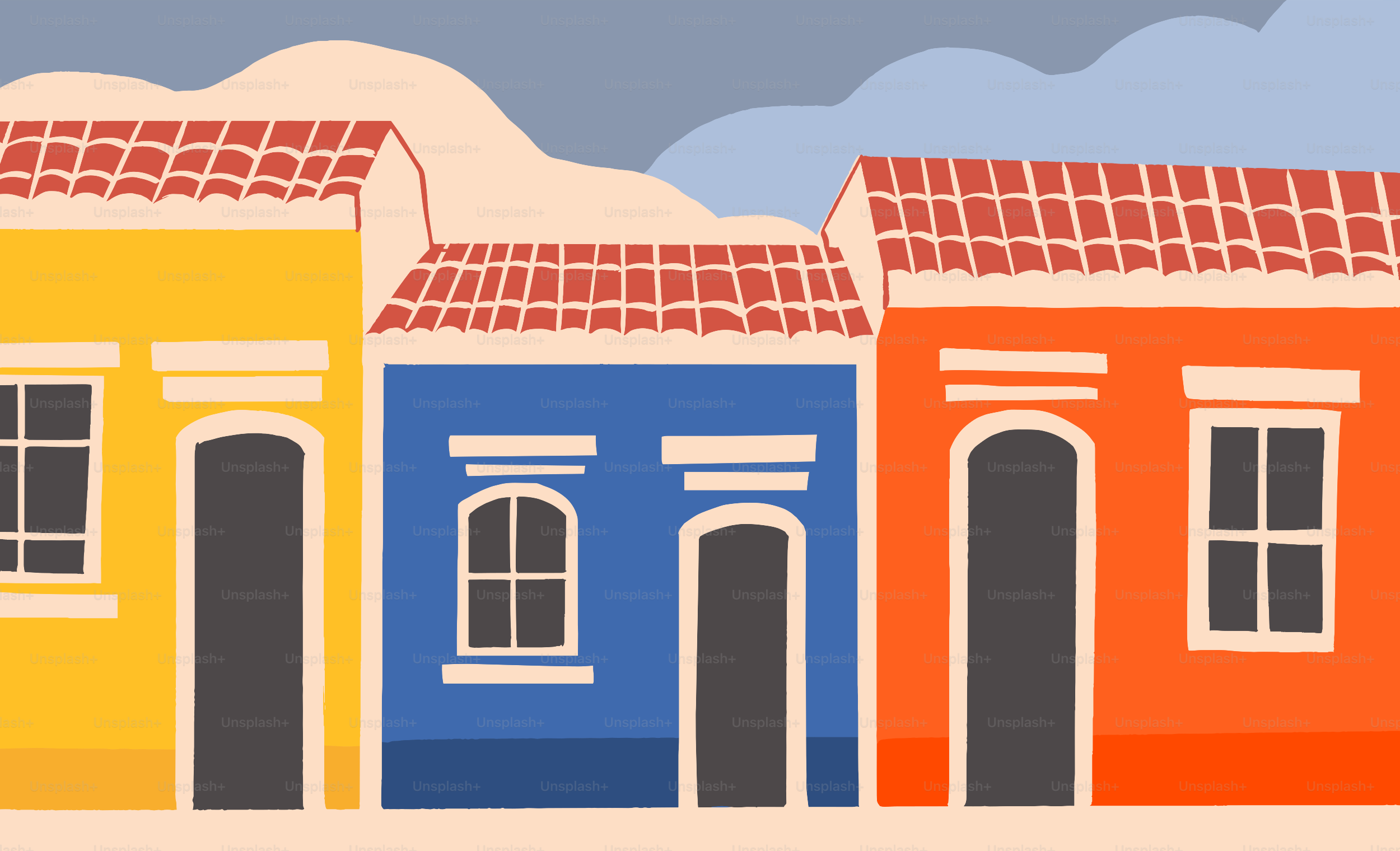 Casas coloridas com telhados de telha sob céu nublado