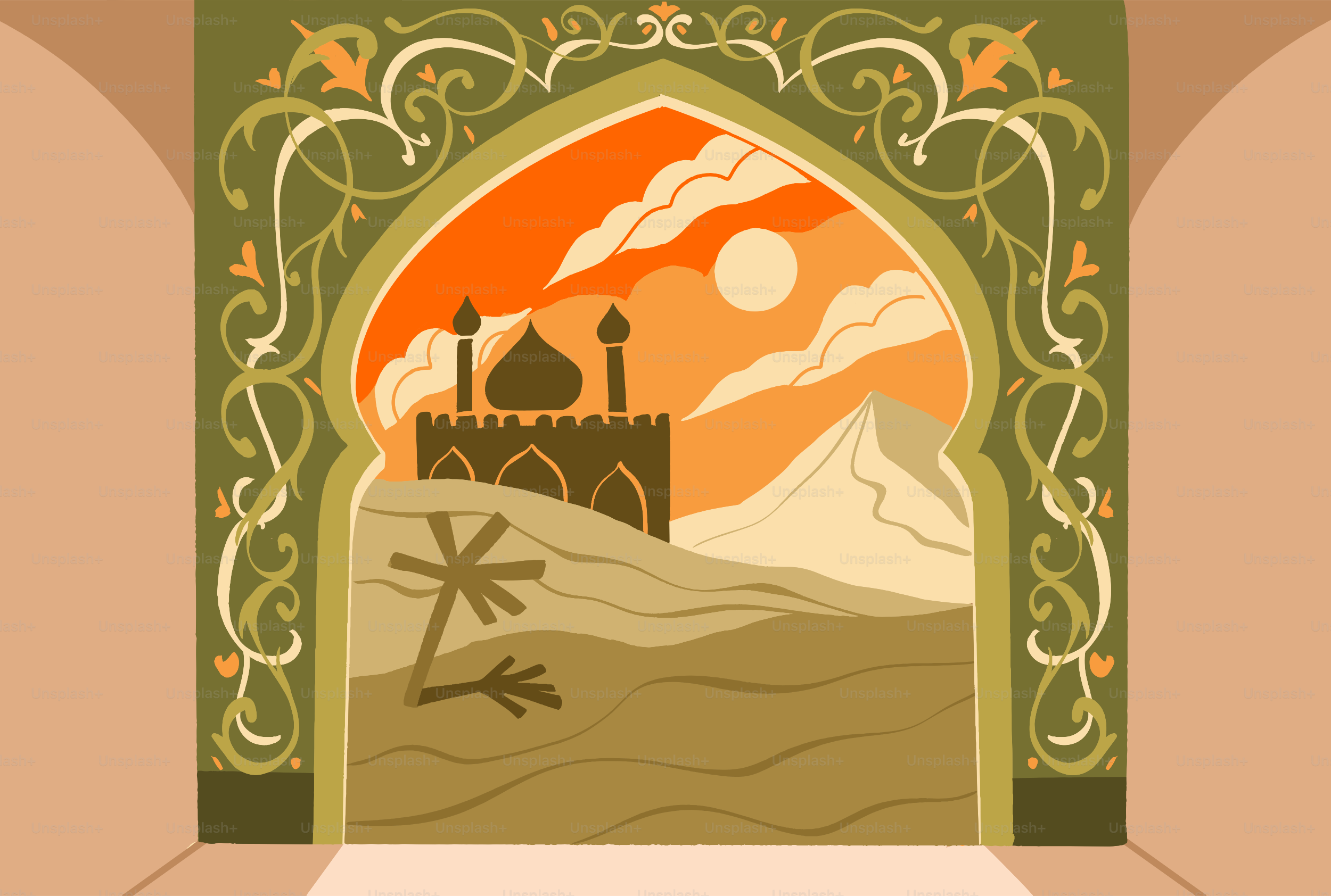 Desert landscape with mosque and mountains at sunset