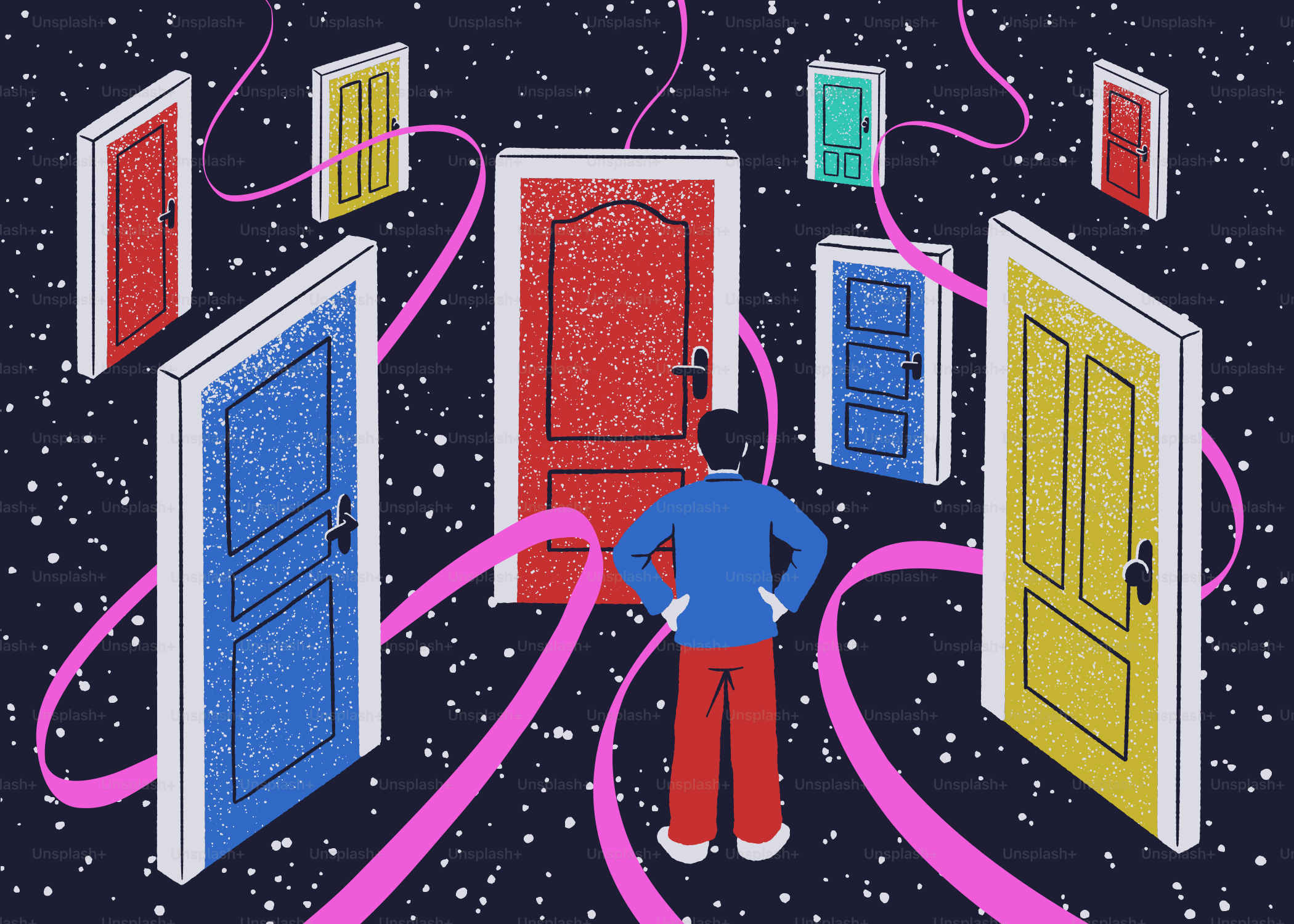 人間は宇宙の複数のカラフルな扉の前に立っている