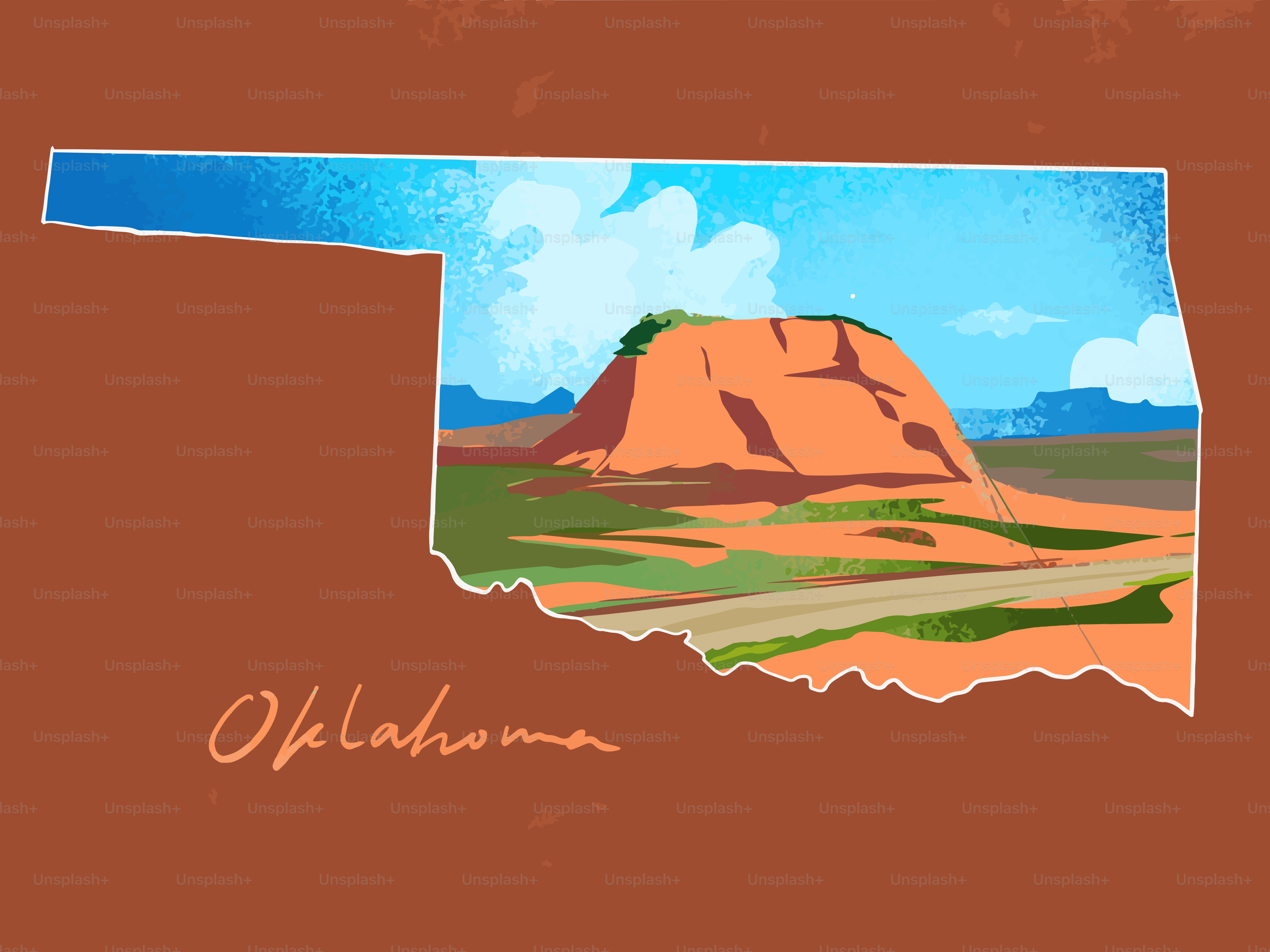 Oklahoma landscape with a large mesa and colorful mesa.