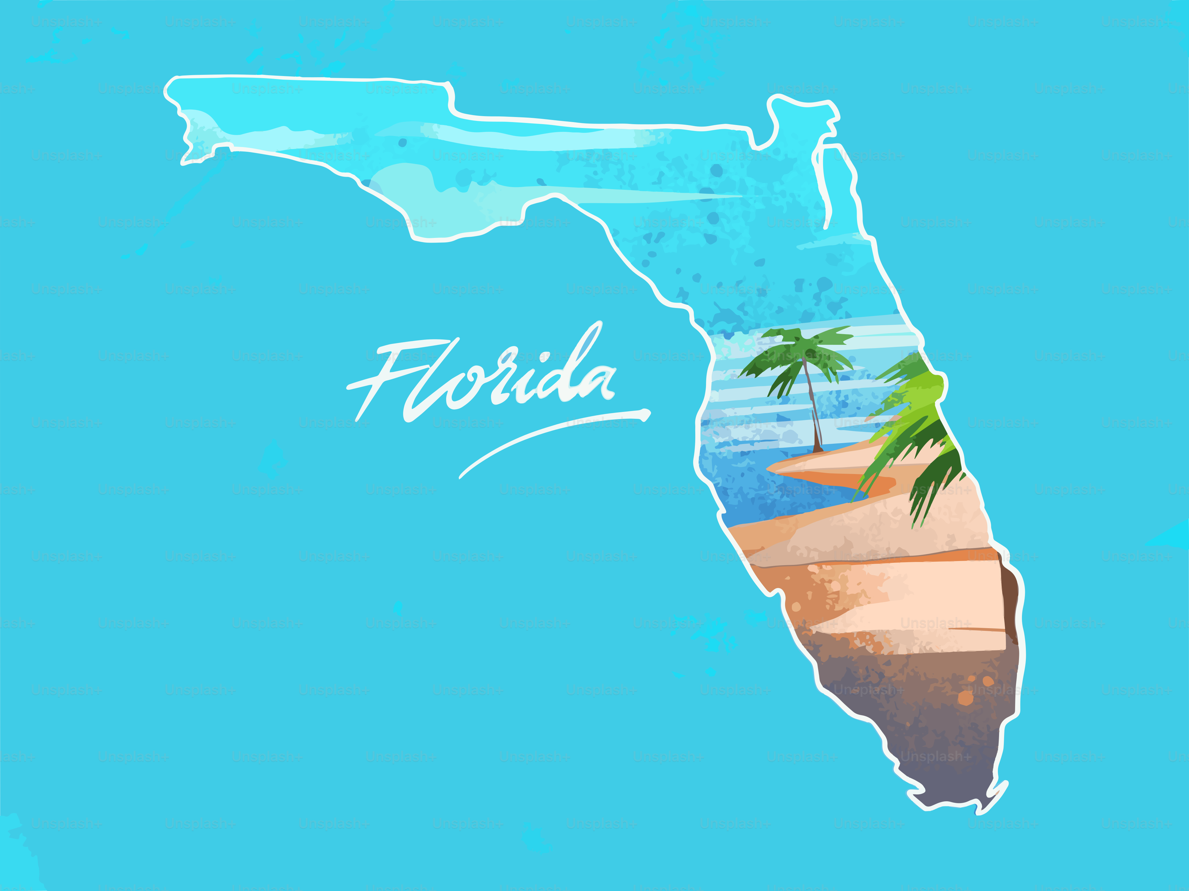 Florida outline filled with beach and palm trees