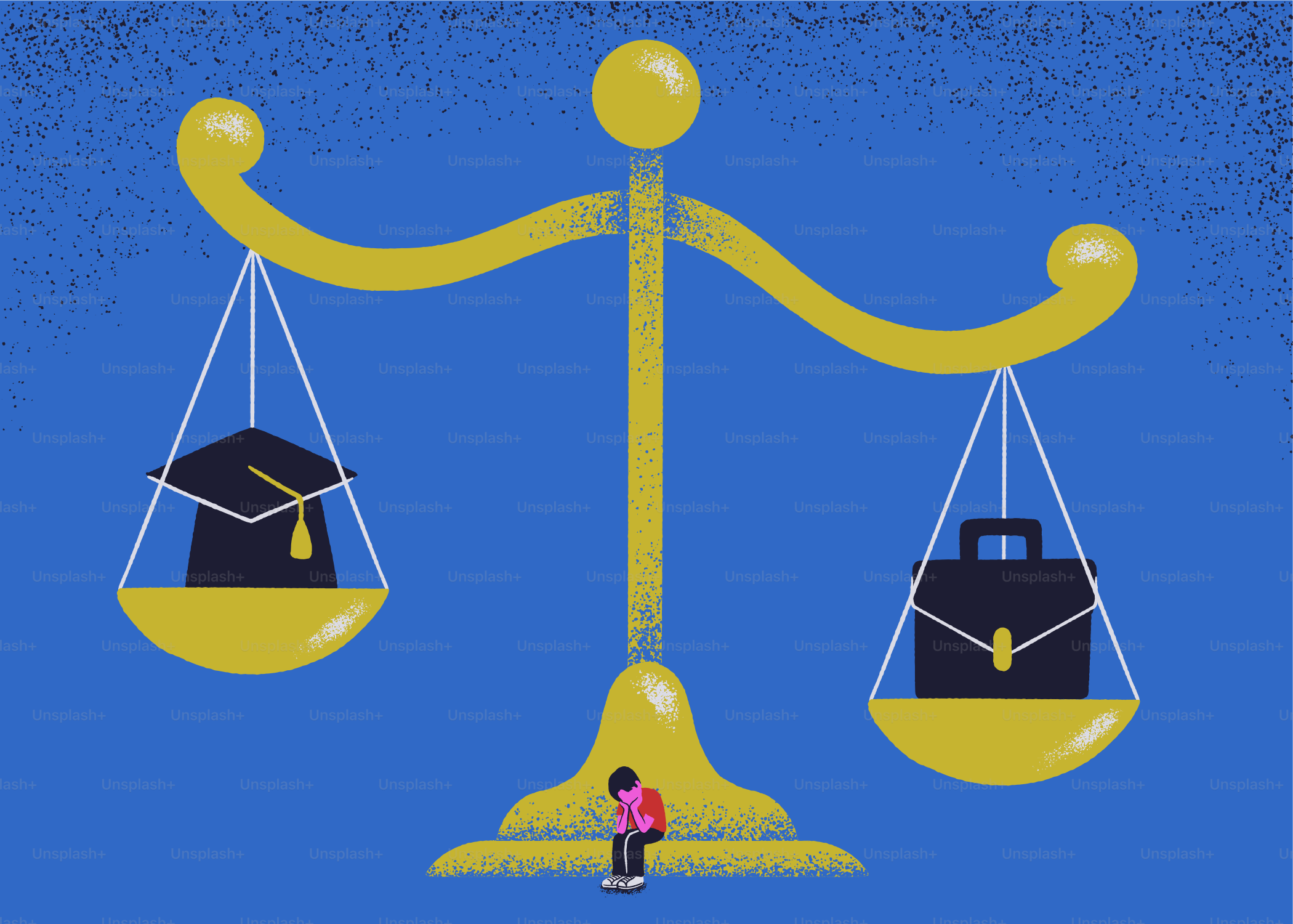 Scales balancing graduation cap and briefcase with person below