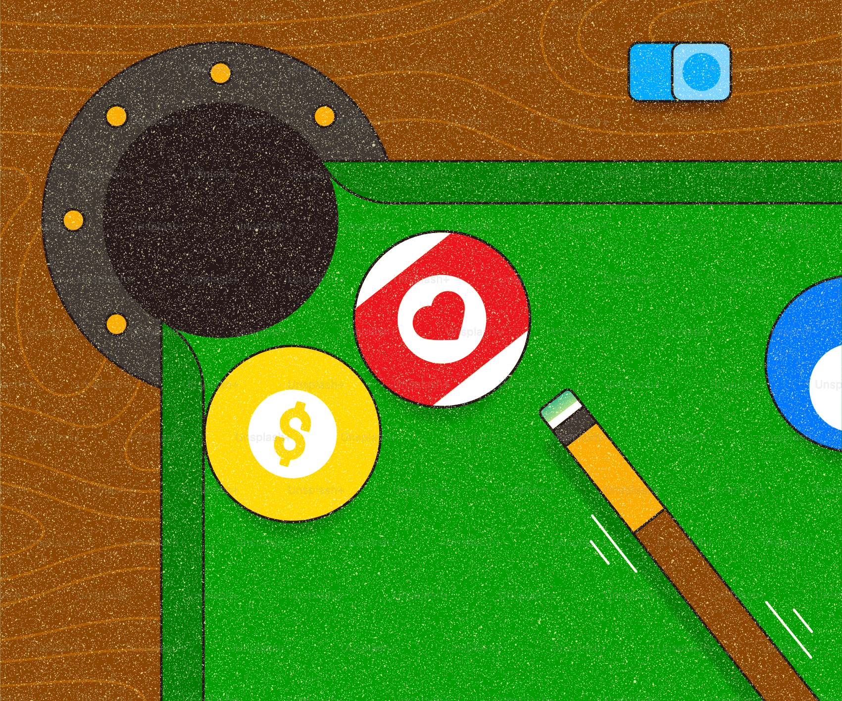 Palle da biliardo e bastone con stecche su un tavolo di feltro verde