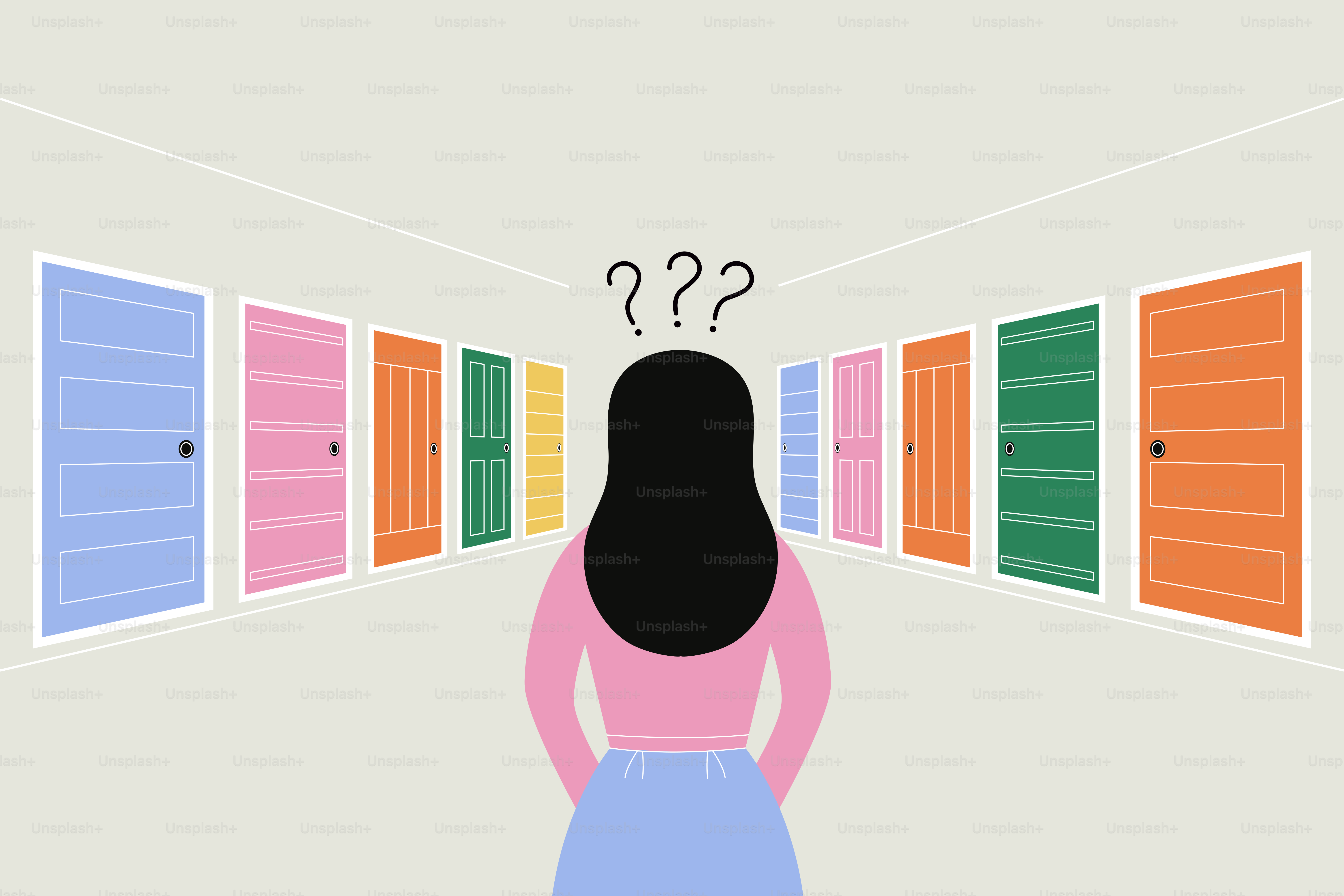 Woman stands before many colorful doors, looking confused.