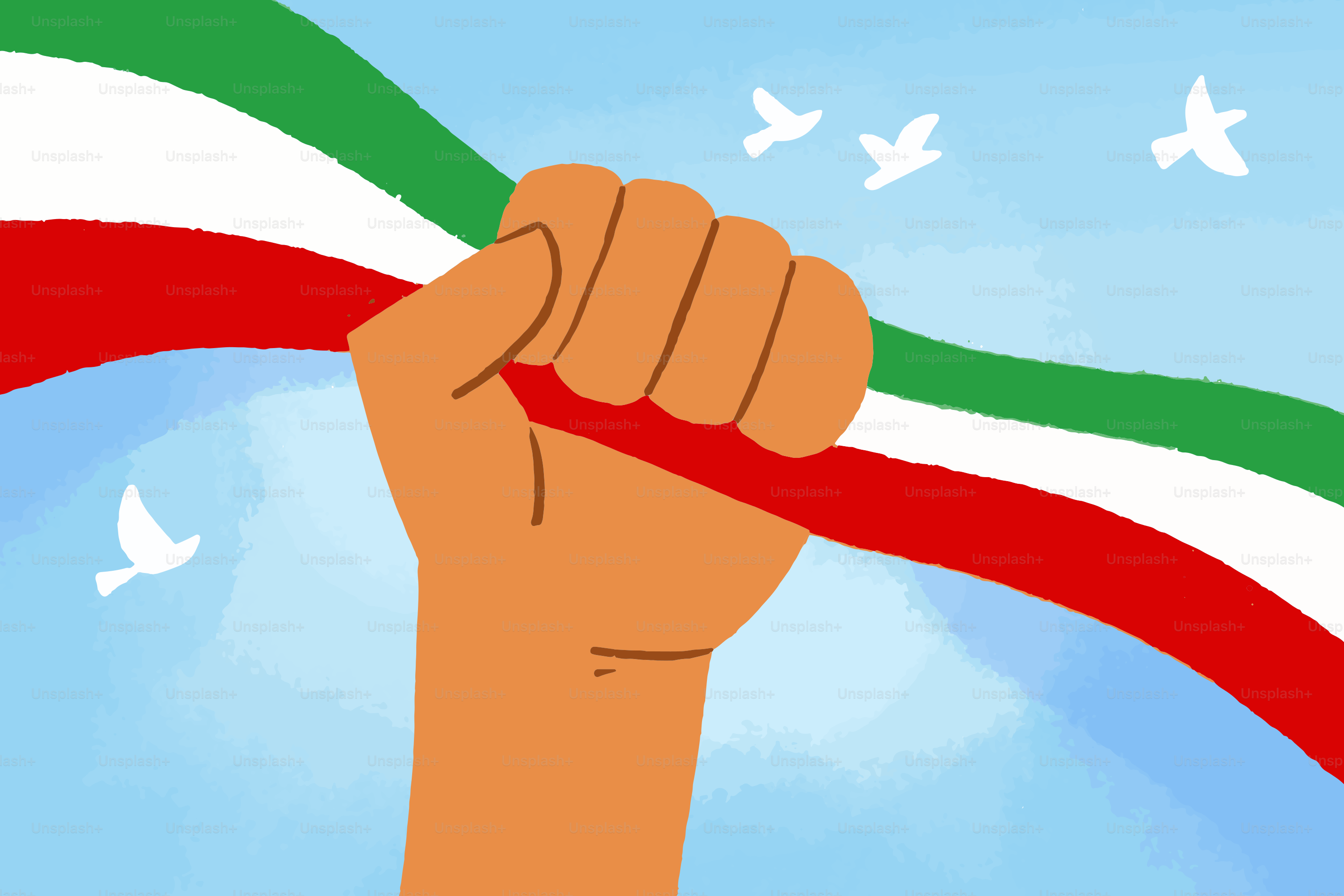 Fist holding a tricolor ribbon with birds flying