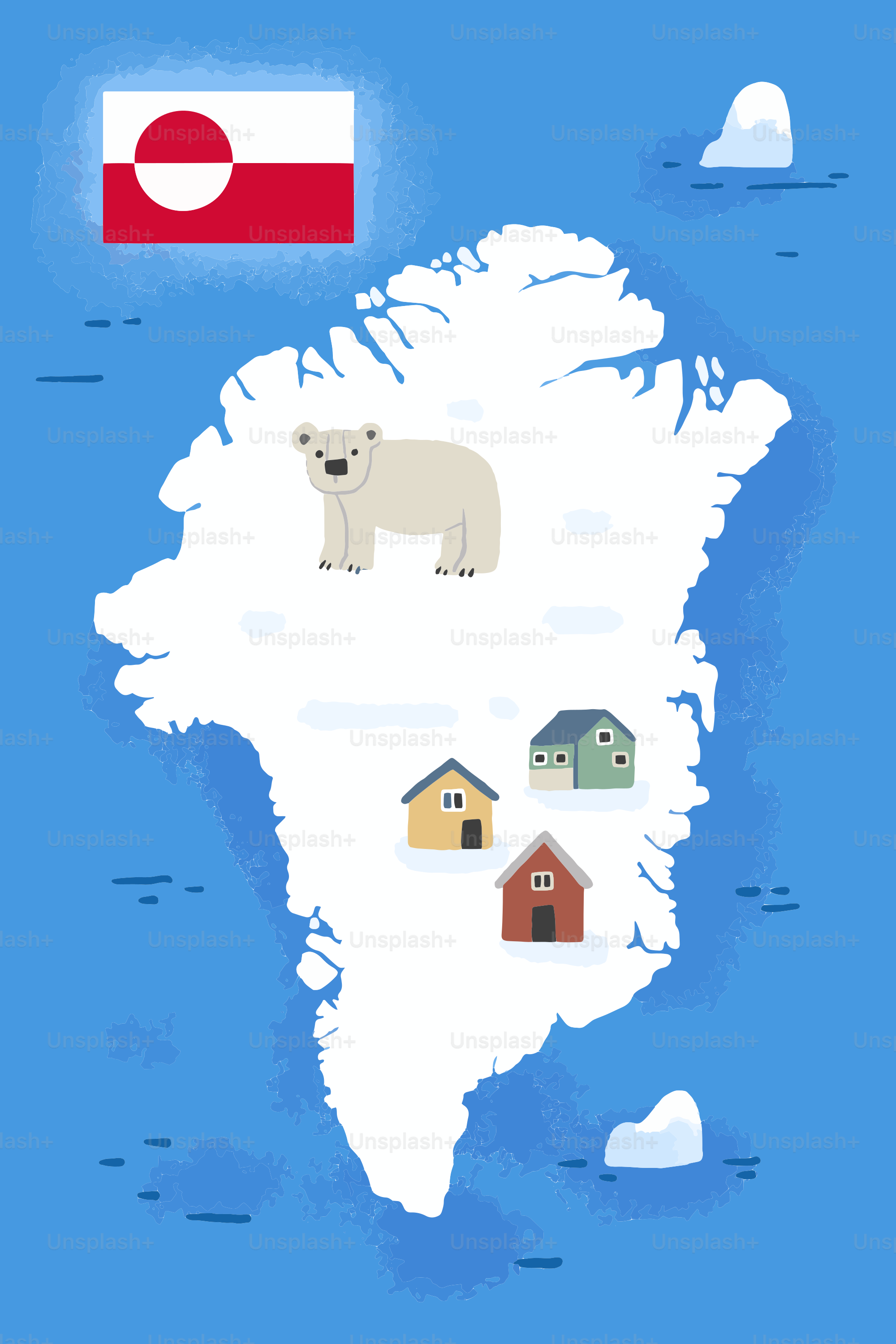 Grönlandkarte mit Eisbären, Häusern und Flagge