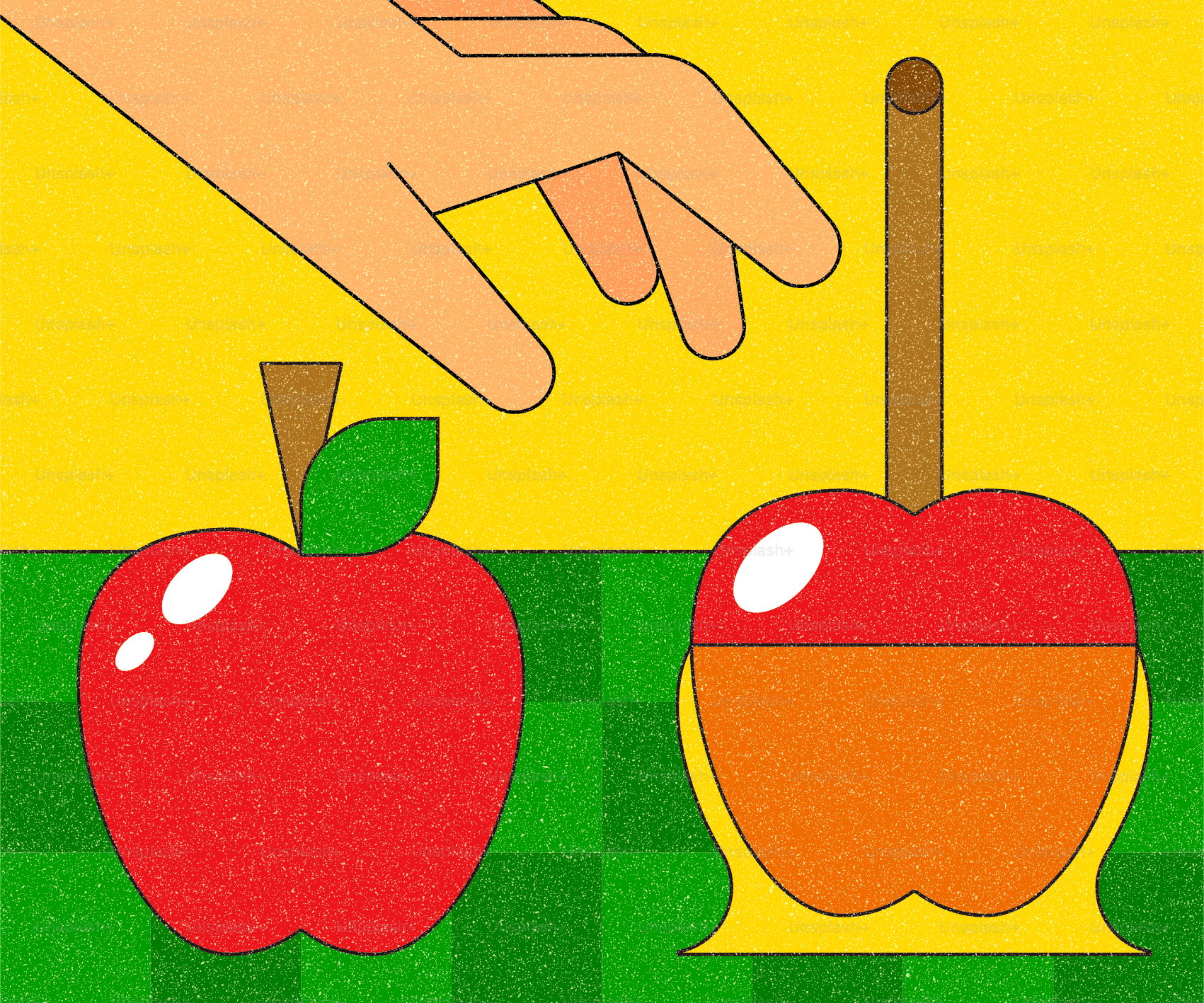 Mano che si allunga verso una mela caramellata accanto a una mela fresca