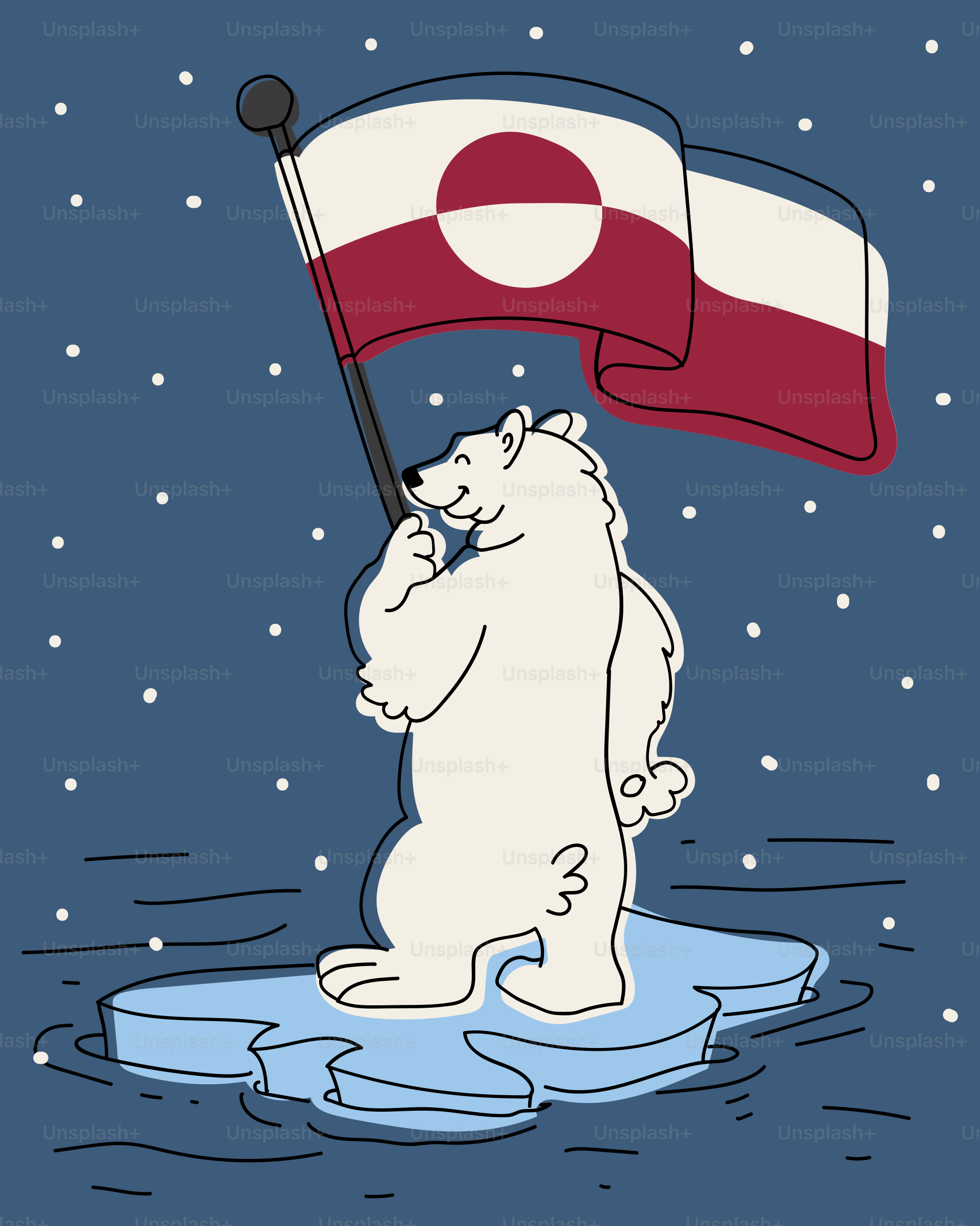 Eisbär hält Grönlandflagge auf Eisscholle