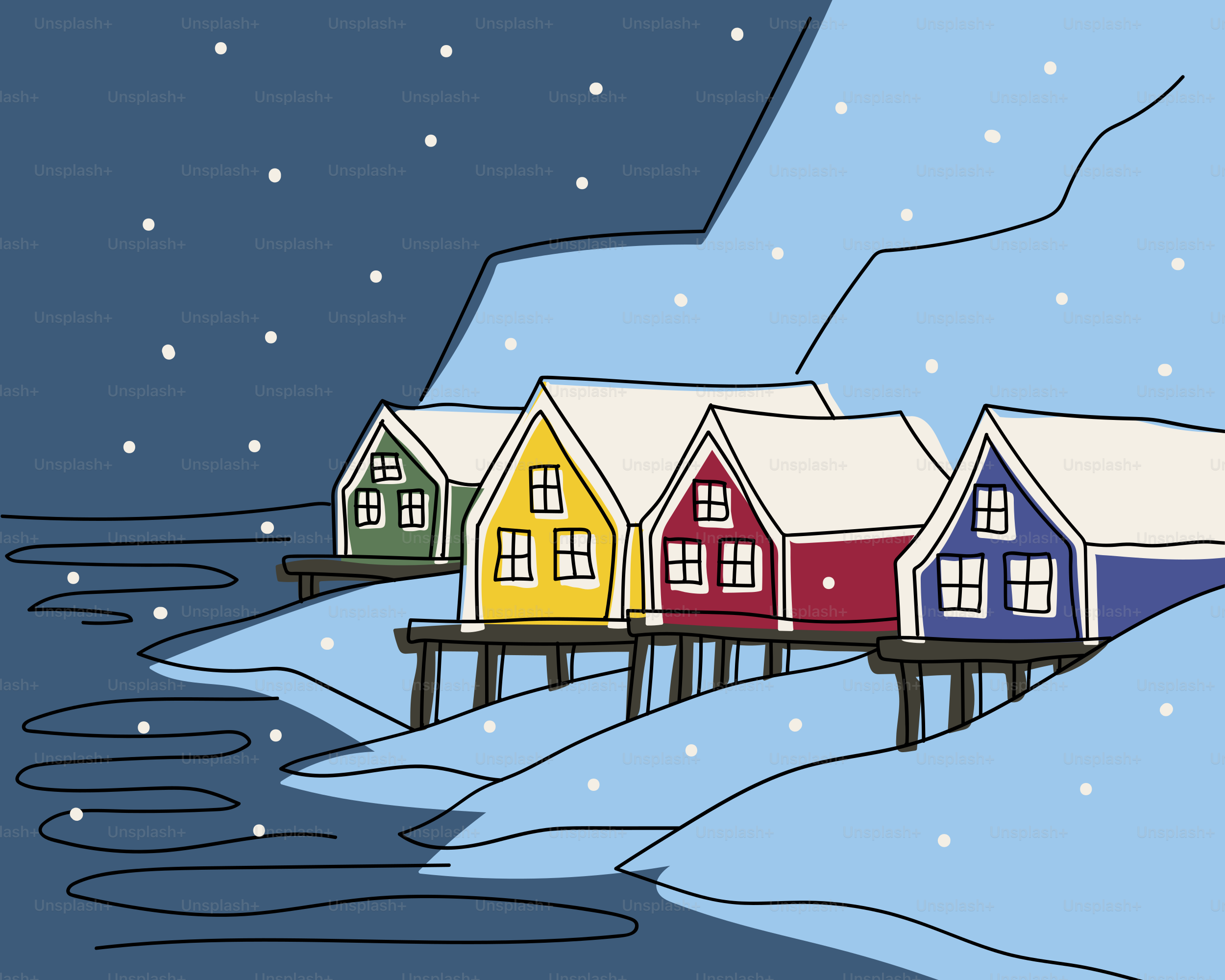 Bunte Häuser auf Stelzen am Wasser im Winter.