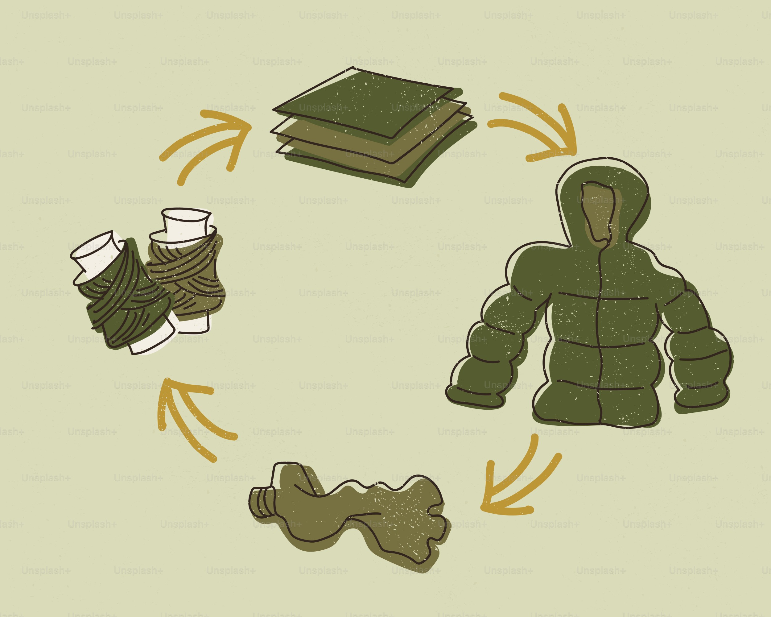 Processo di riciclo tessile che mostra materiali e giacca