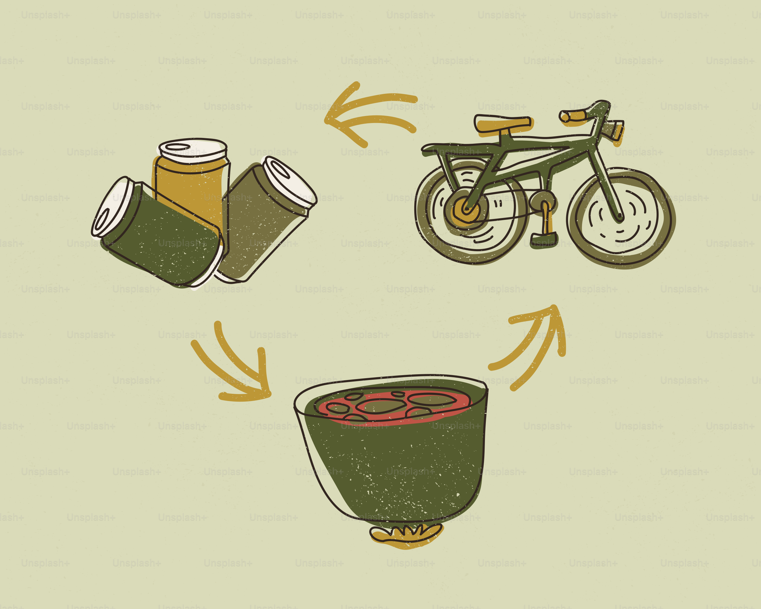 Concepto de reciclaje con latas, bicicleta y cuenco