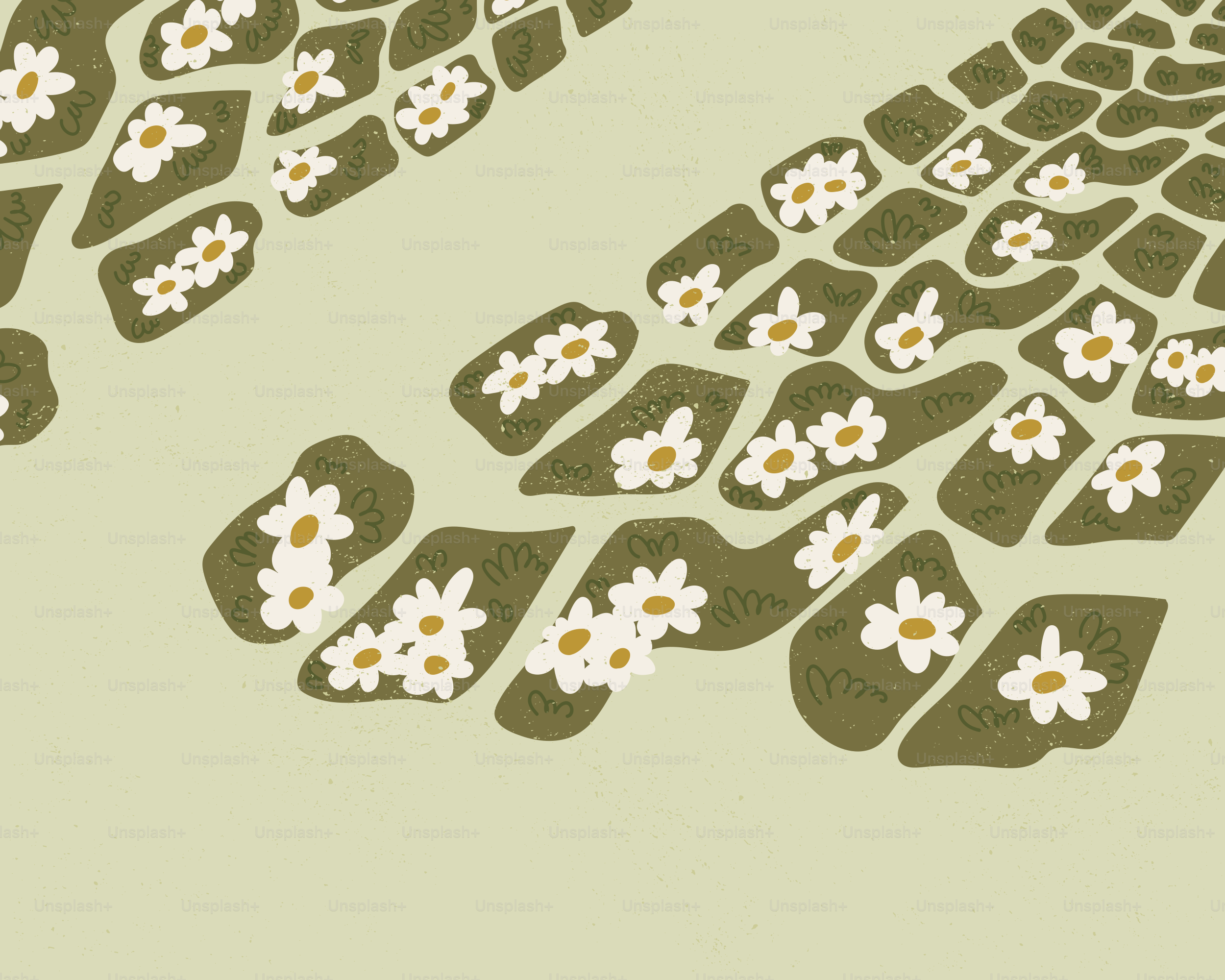 Abstraktes Muster aus grünen Formen mit weißen Blumen