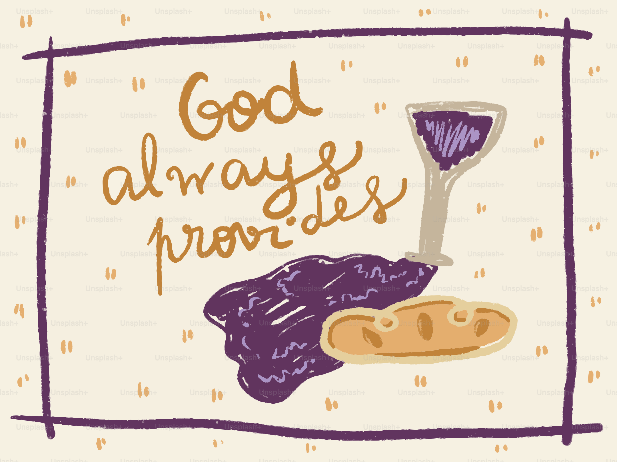 Bread, grapes, and wine with text "god always provides"