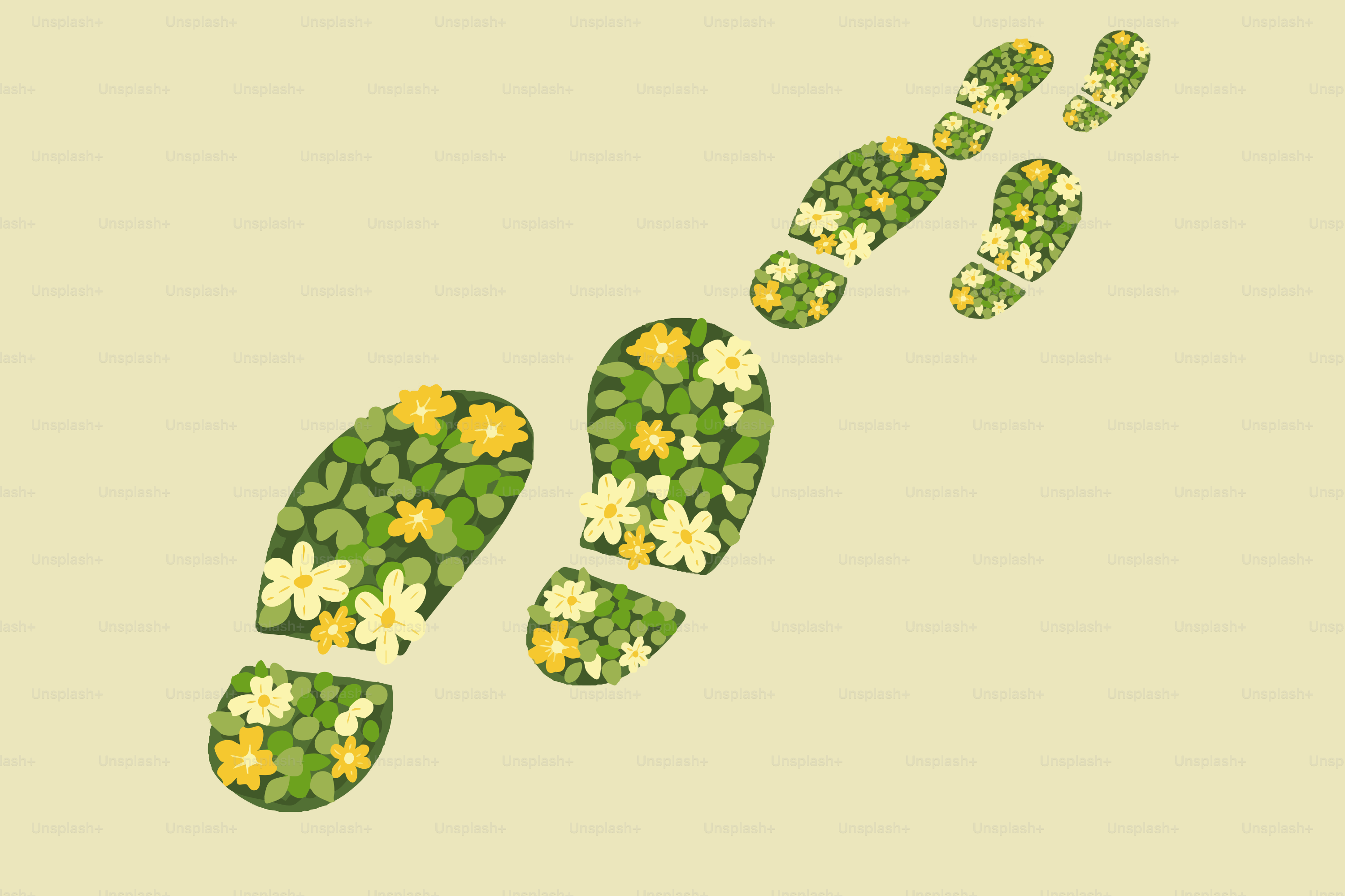 Footprints filled with flowers and leaves on beige background