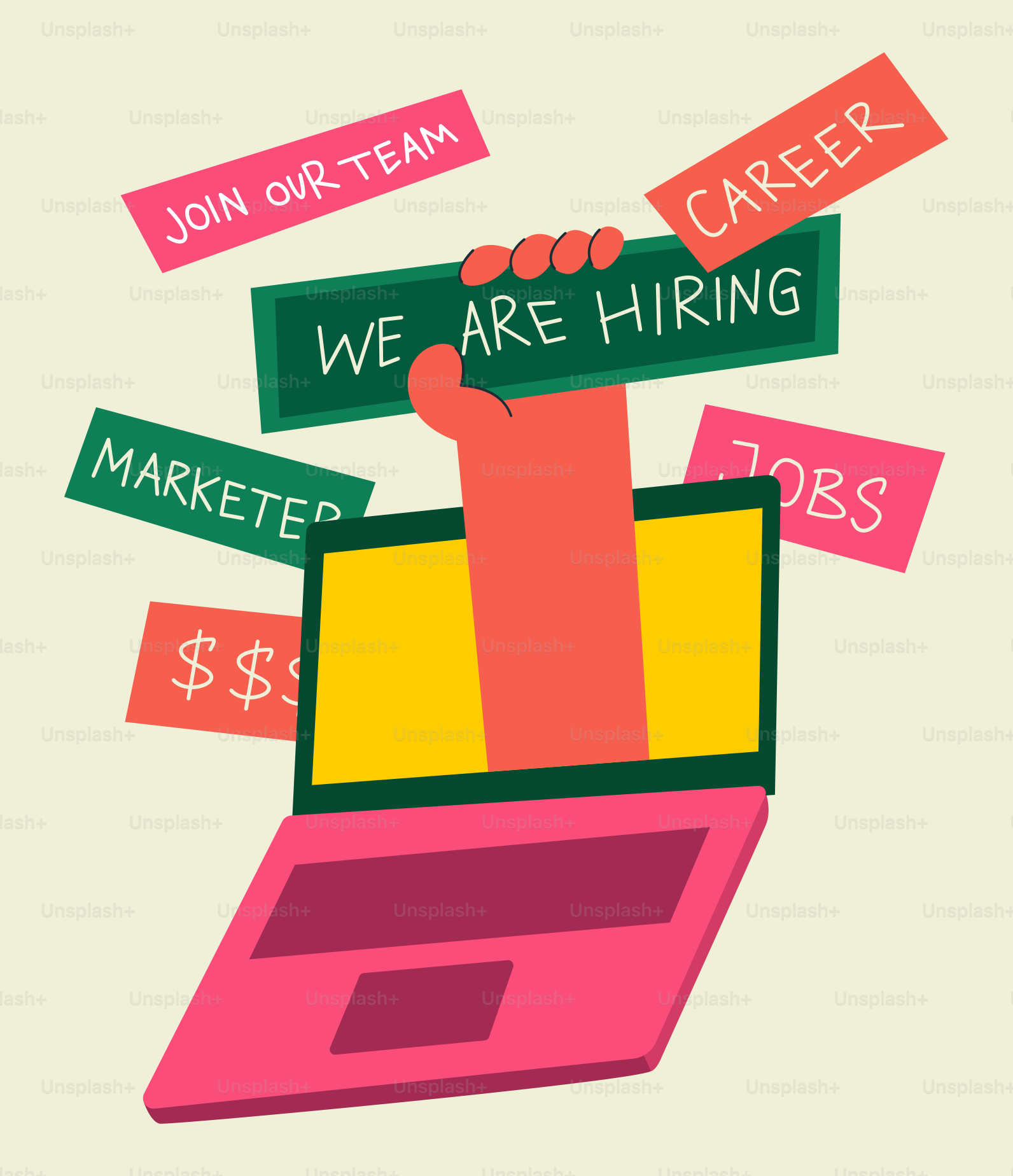 Hand reaching out of laptop with hiring signs.